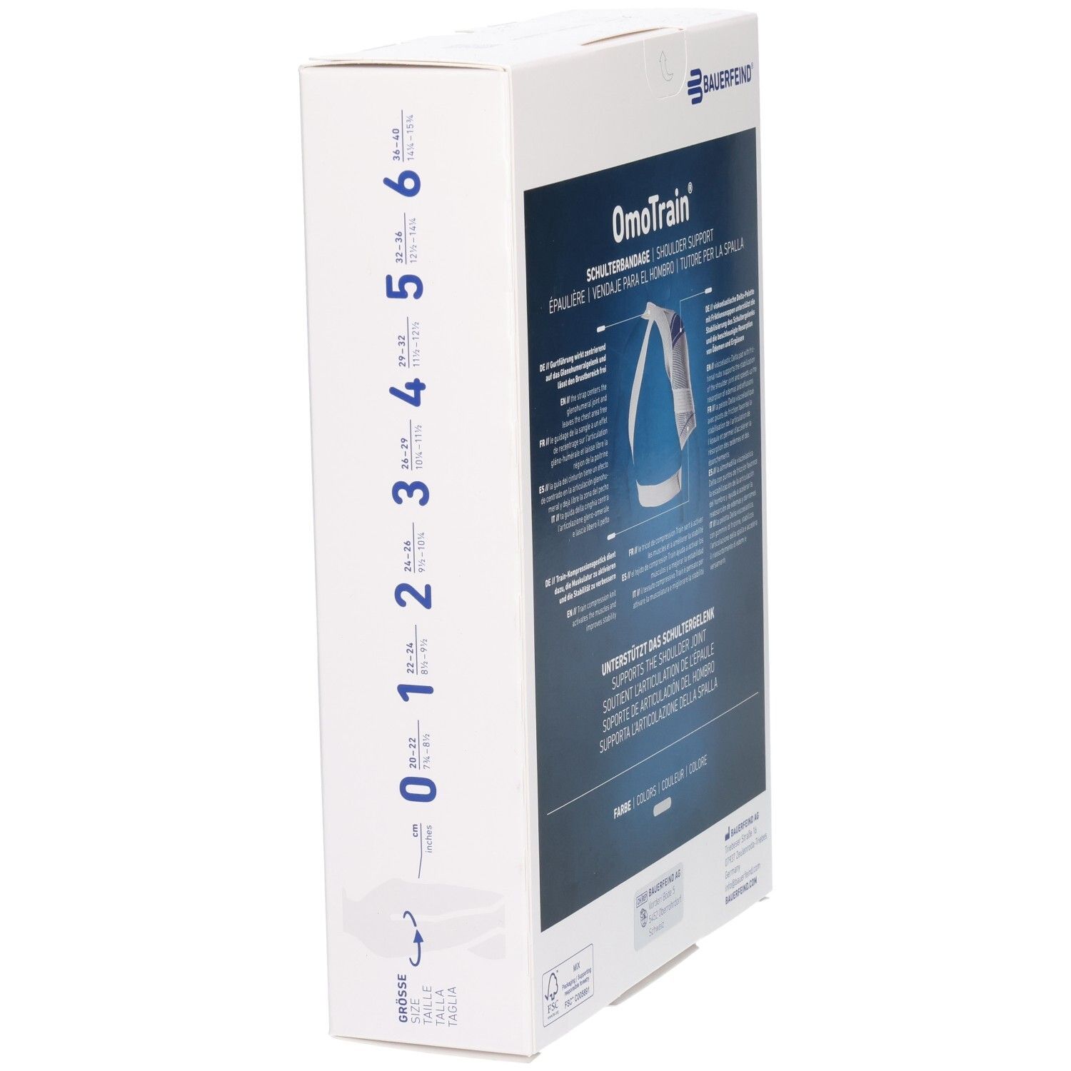 Seitenansicht der Verpackung der BAUERFEIND OmoTrain Schulter-Aktivbandage mit Größentabelle und Produktabbildung.