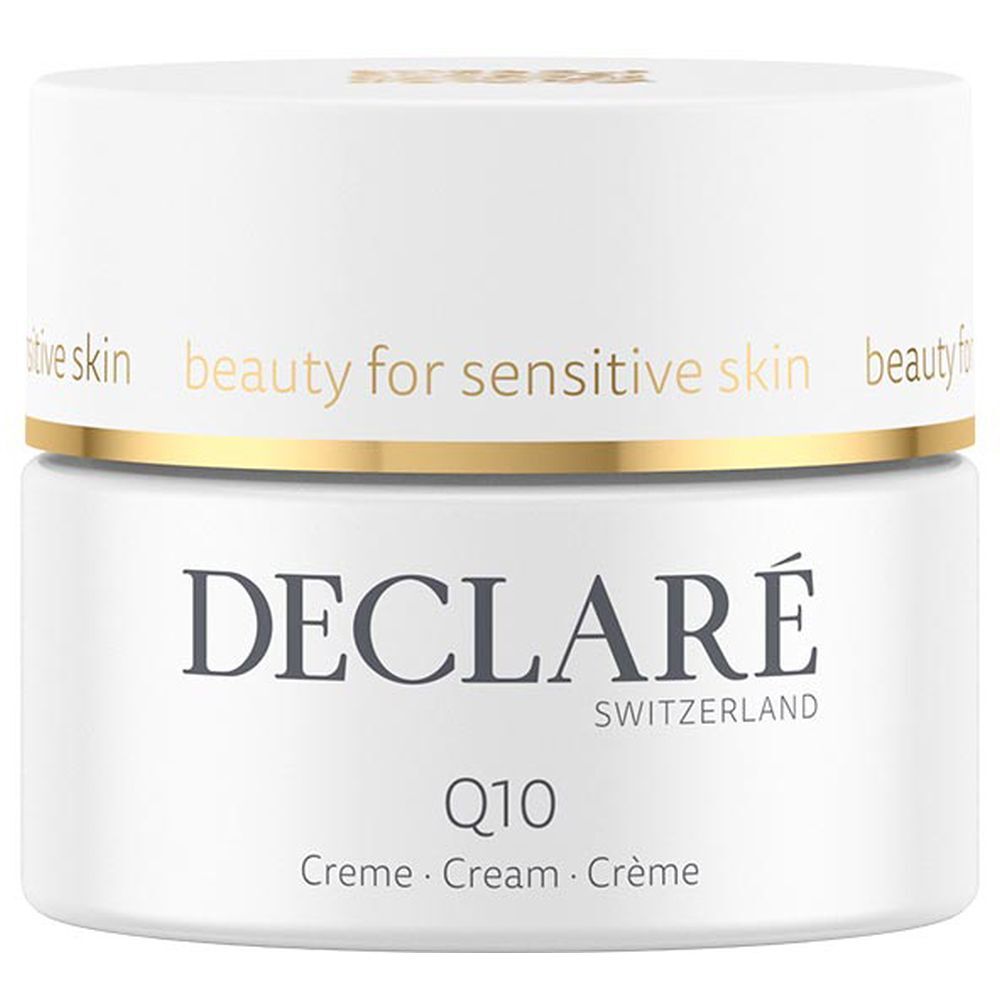 Weißer Tiegel mit goldfarbenem Rand. DECLARÉ, Q10 Creme. Aufschrift: beauty for sensitive skin.