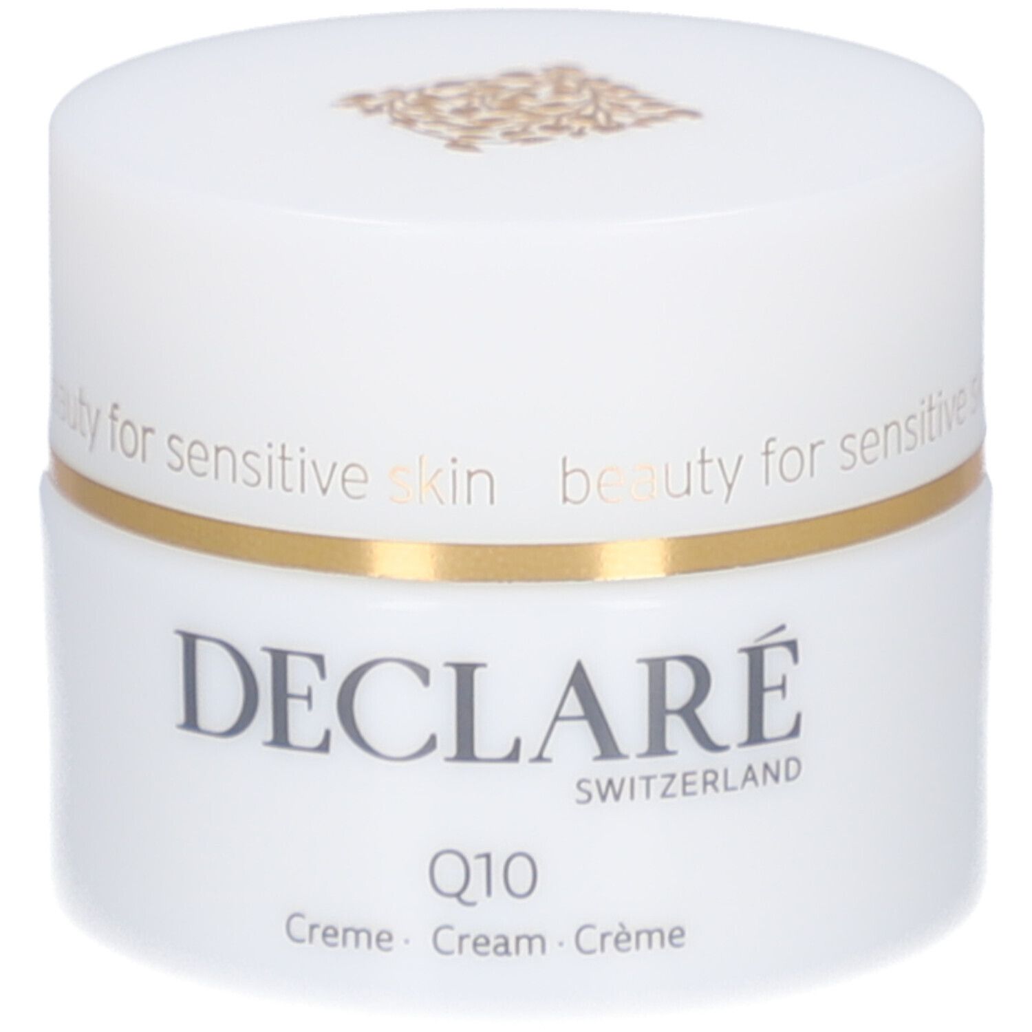 Weißer Tiegel mit goldfarbenem Rand. DECLARÉ, Q10 Creme. Aufschrift: beauty for sensitive skin.