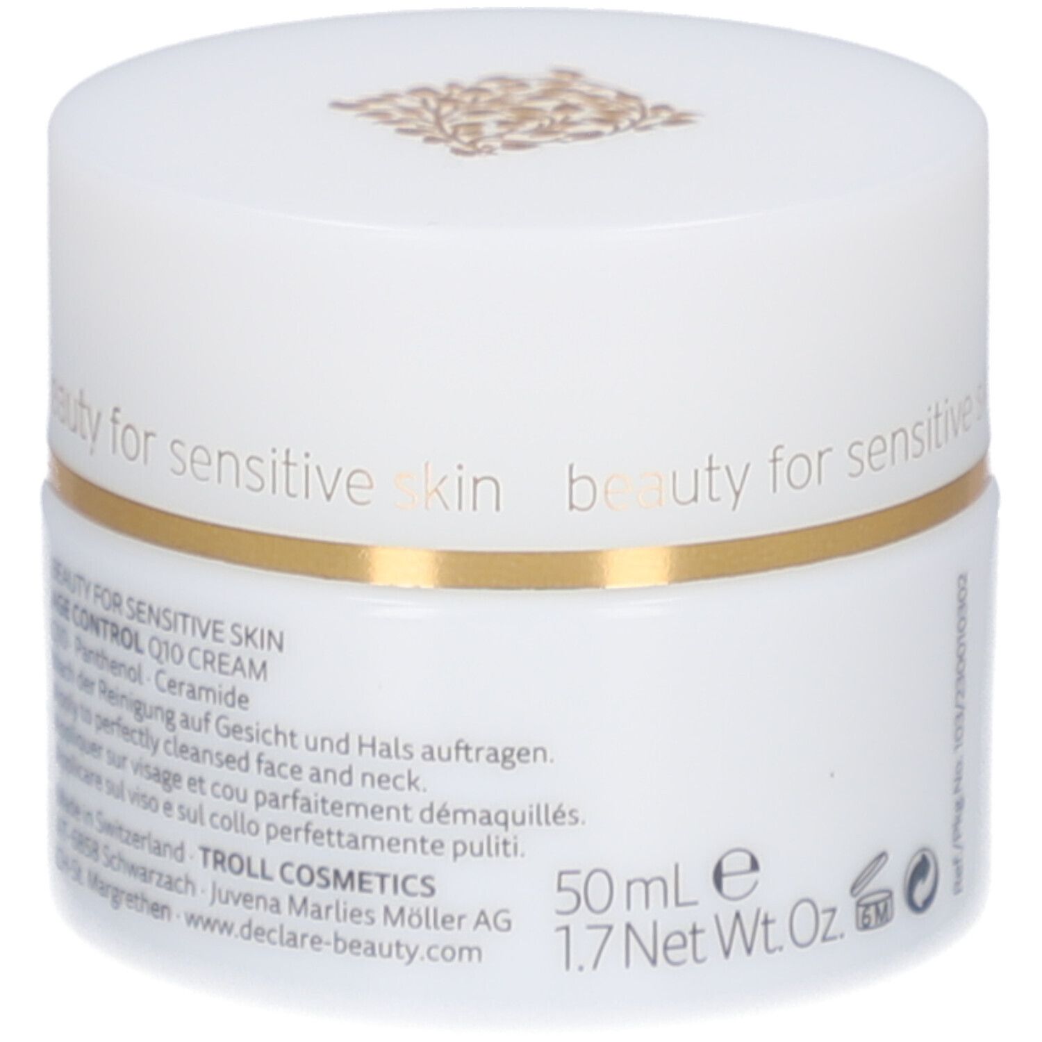 Weißer Tiegel mit goldfarbenem Rand. DECLARÉ, Q10 Creme. Aufschrift: beauty for sensitive skin.
