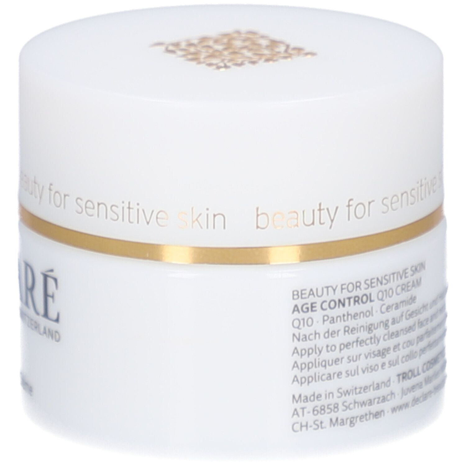 Weißer Tiegel mit goldfarbenem Rand. DECLARÉ, Q10 Creme. Aufschrift: beauty for sensitive skin.