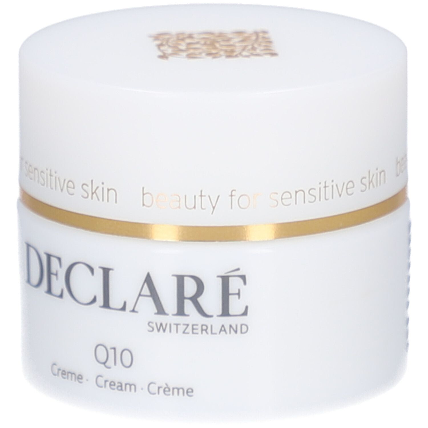 Weißer Tiegel mit goldfarbenem Rand. DECLARÉ, Q10 Creme. Aufschrift: beauty for sensitive skin.