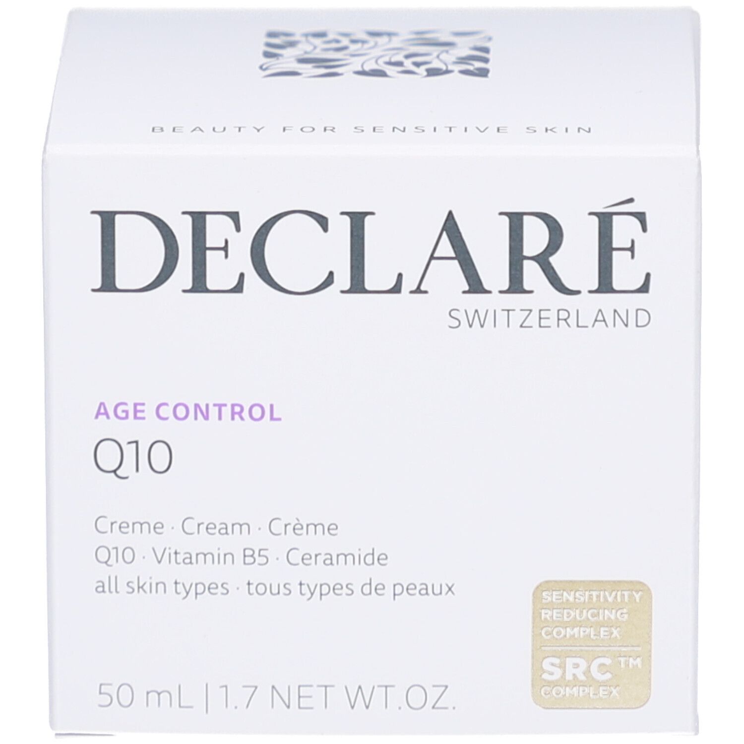 Weißer Tiegel und Schachtel. DECLARÉ, Age Control Q10. Aufschrift: 50 ml, SRC Complex.
