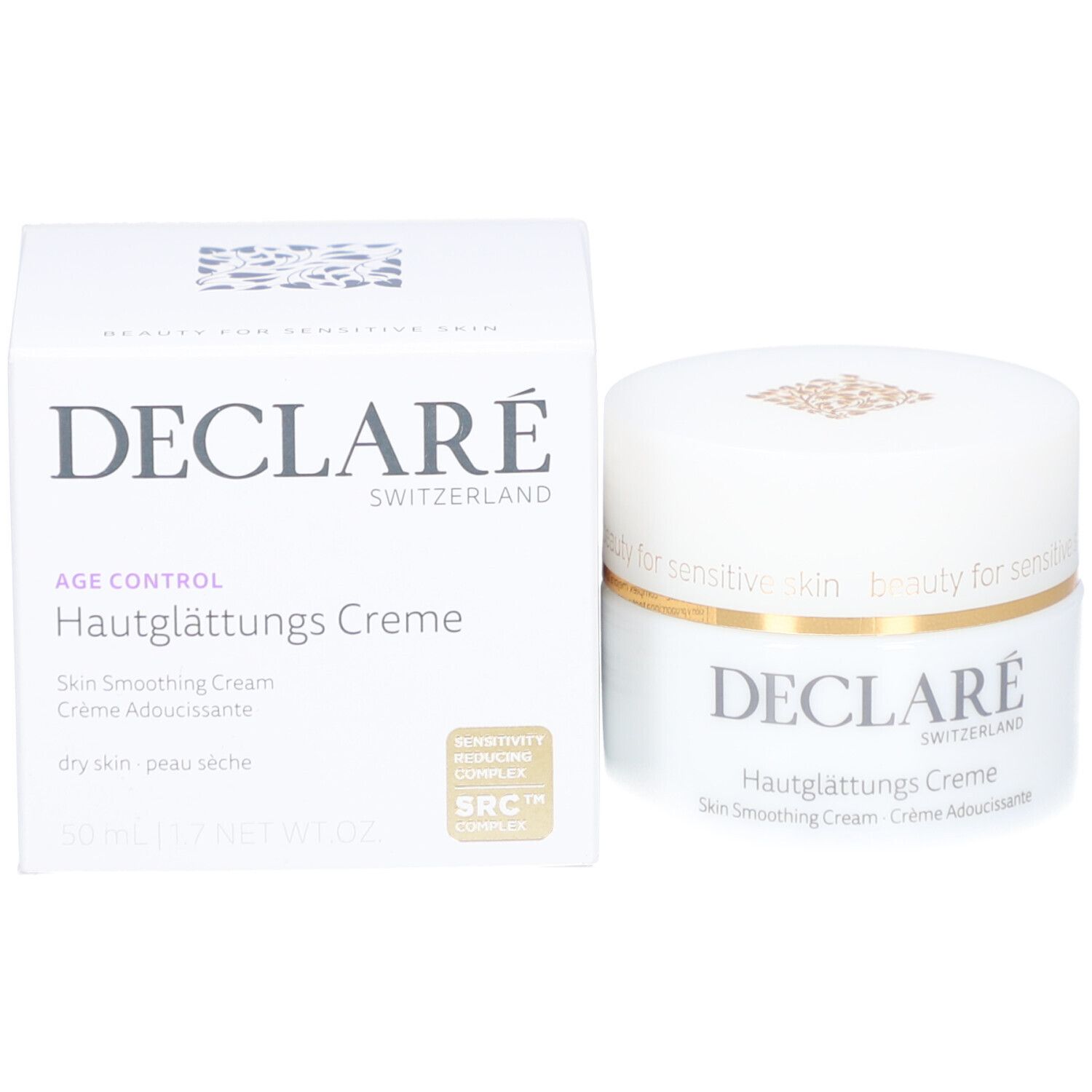 Creme-Tiegel und Schachtel. Aufschrift: DECLARÉ, Hautglättungs Creme. Text: Skin Smoothing Cream, Crème Adoucissante. Auf der Schachtel: SRC™ Complex.