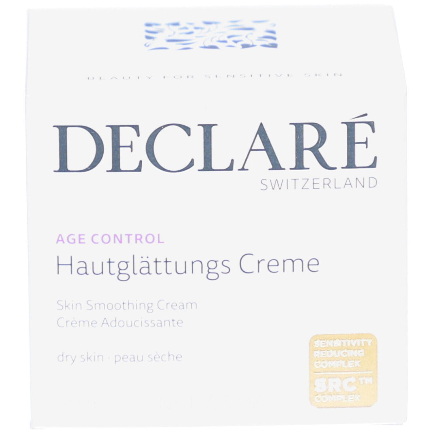 Schachtel mit Aufschrift: DECLARÉ, Hautglättungs Creme. Text: Skin Smoothing Cream, Crème Adoucissante. Auf der Schachtel: SRC™ Complex.
