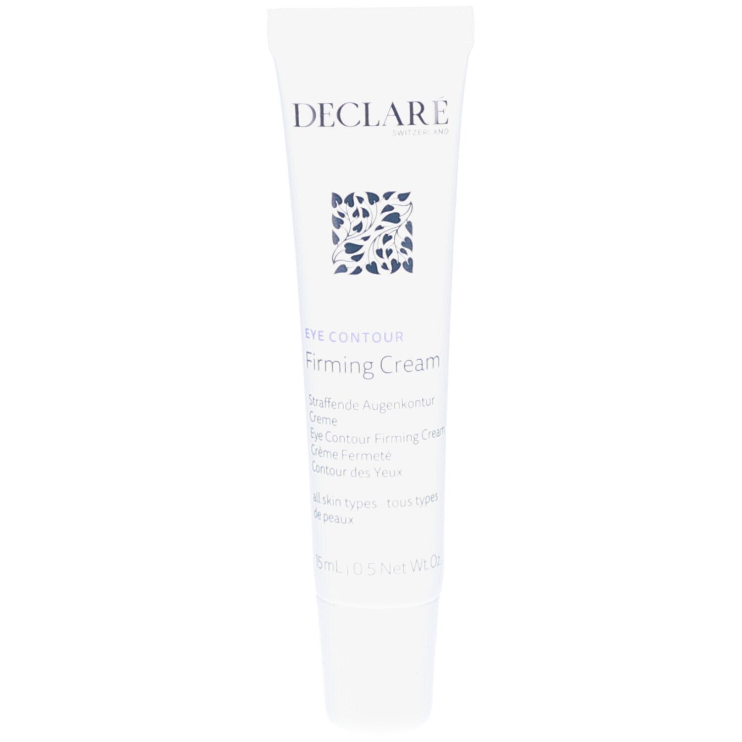 Weiße Tube mit DECLARE-Logo und floralem Muster. Text: Eye Contour Firming Cream. 15ml.