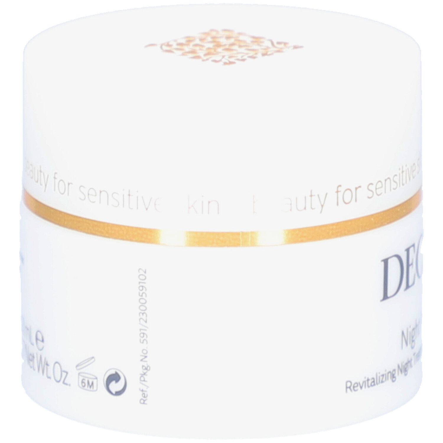 Weißes Tiegel mit goldfarbenem Rand. Aufschrift: DECLARÉ, Night Revitalizer. Text: Revitalizing Night Treatment.
