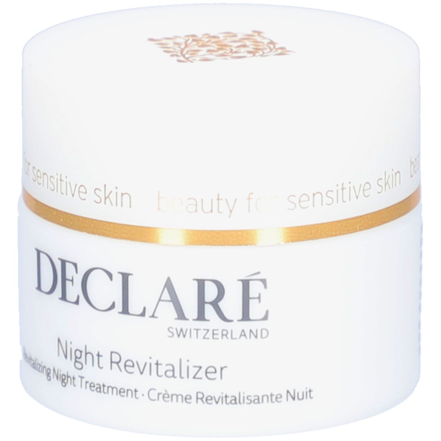 Weißes Tiegel mit goldfarbenem Rand. Aufschrift: DECLARÉ, Night Revitalizer. Text: Revitalizing Night Treatment.