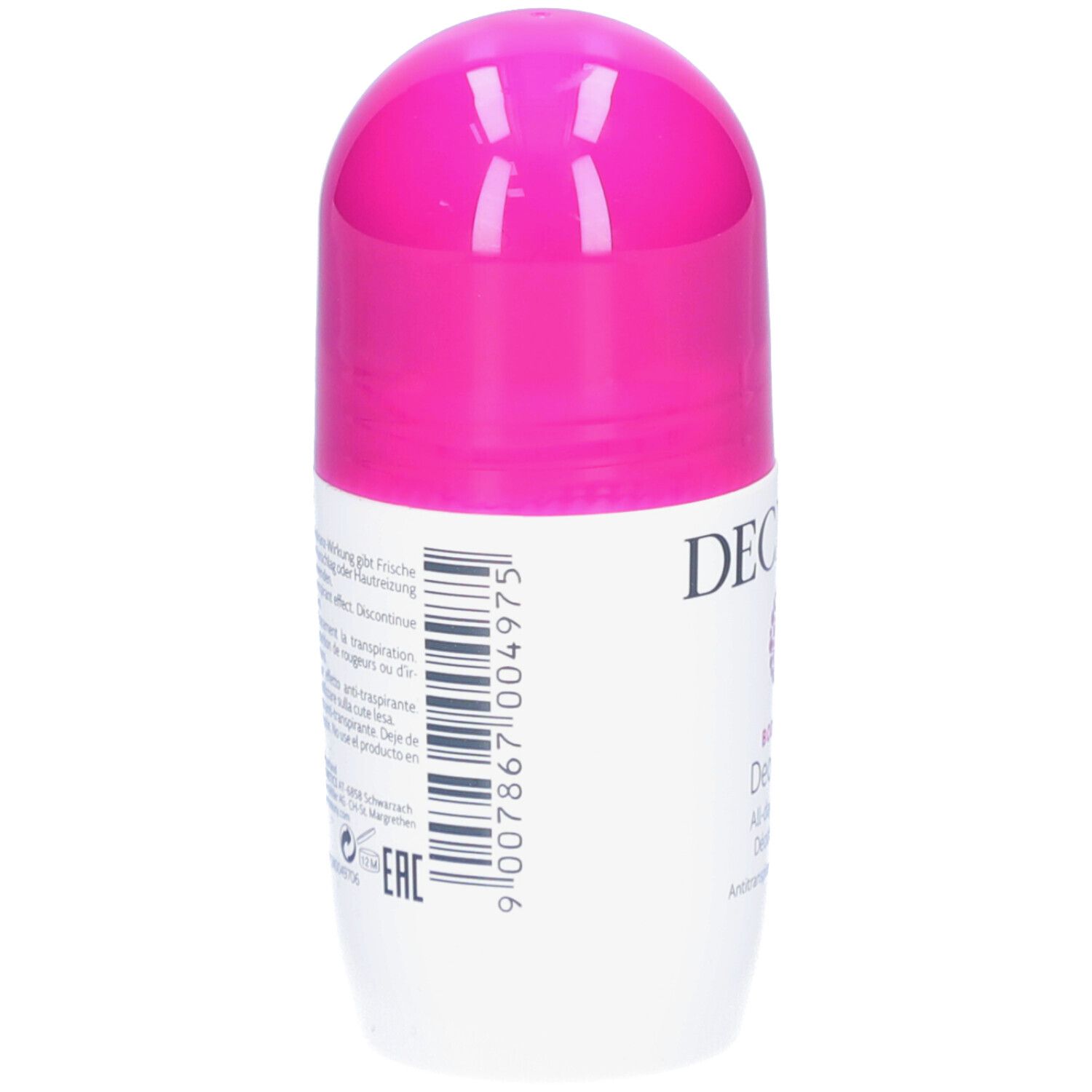 Rückseite des weißen Roll-on-Deos. Barcode und Textinformationen.