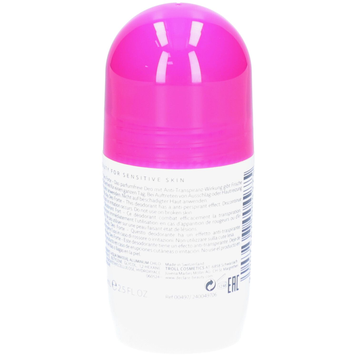 Rückseite des weißen Roll-on-Deos. Textinformationen in mehreren Sprachen.