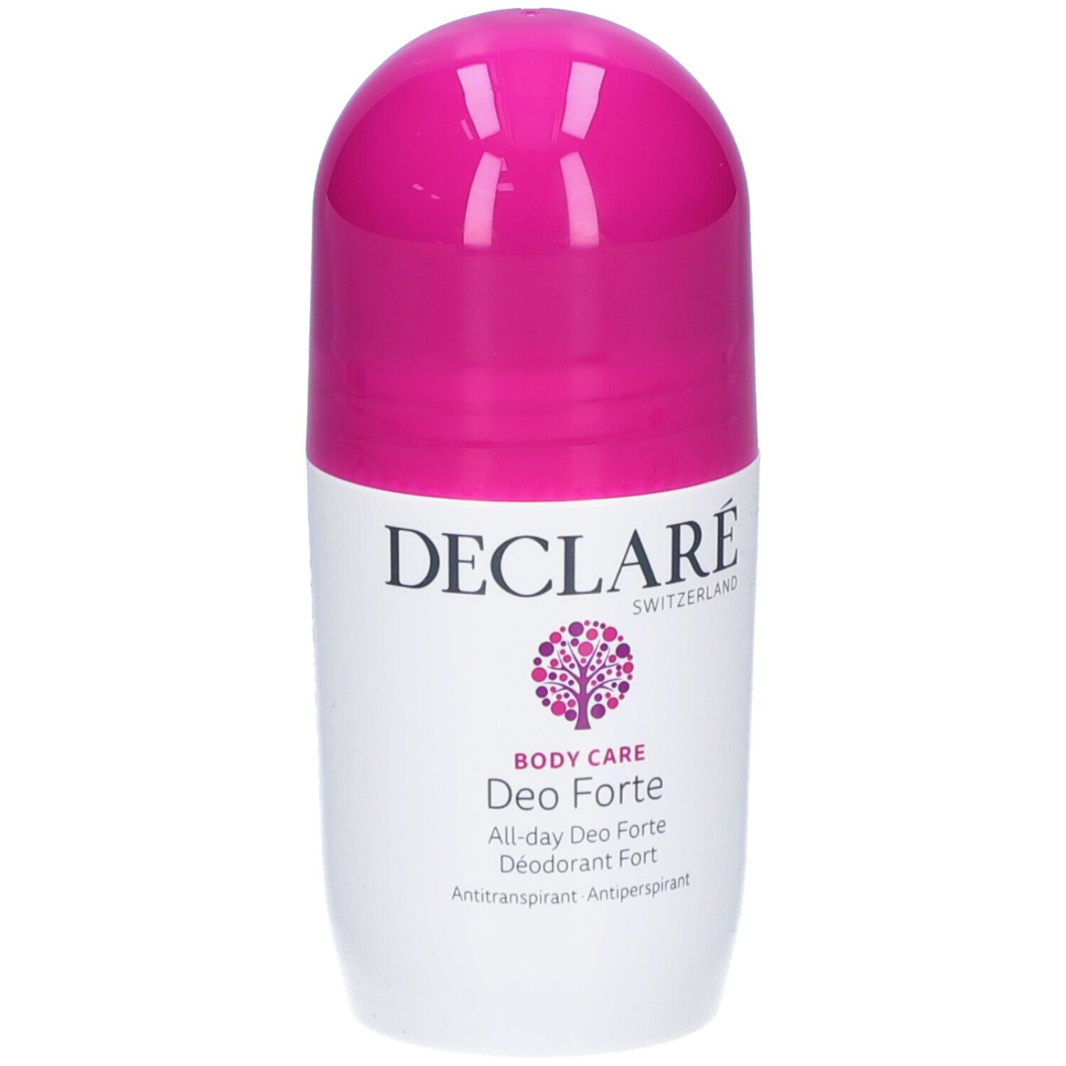 Weißer Roll-on-Deo mit pinkfarbenem Deckel. DECLARÉ-Logo und Produktbezeichnung Deo Forte.
