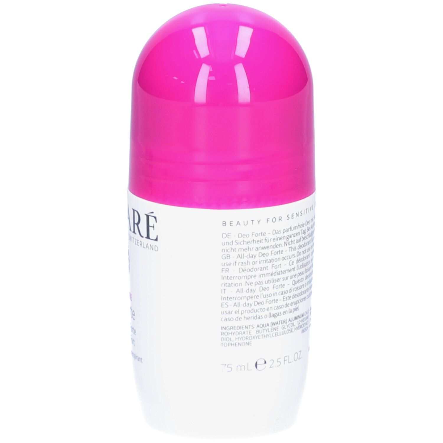 Rückseite des weißen Roll-on-Deos. Textinformationen und Volumenangabe.