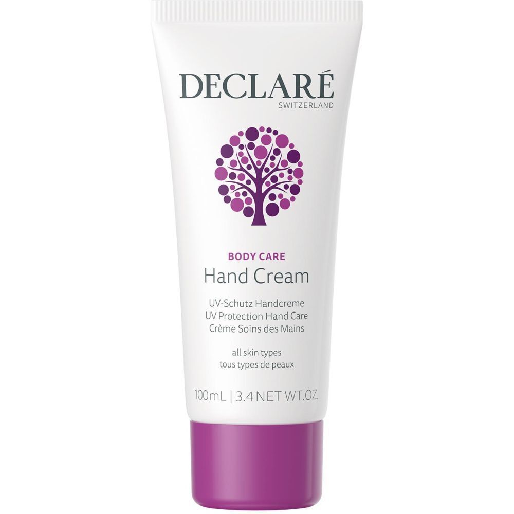 Weiße Tube mit lila Verschluss. Aufschrift: DECLARÉ, Hand Cream, UV-Schutz Handcreme. 100ml.