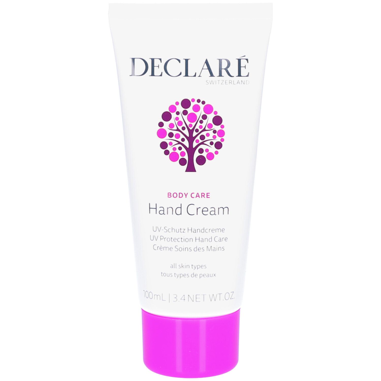 Weiße Tube mit lila Verschluss. DECLARÉ, Hand Cream, UV-Schutz Handcreme. 100ml.