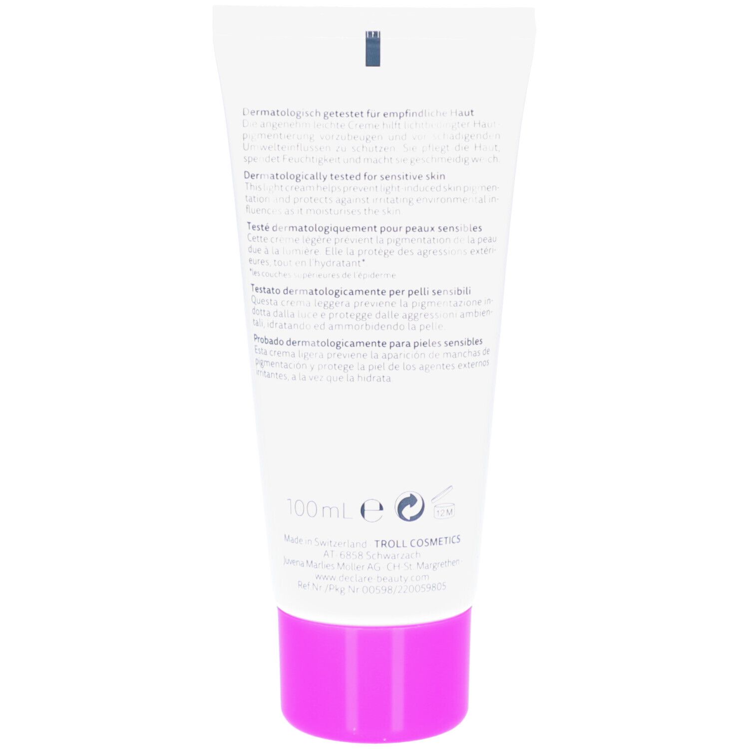 Rückseite der Tube. Text in Deutsch, Französisch, Italienisch und Spanisch. 100ml.