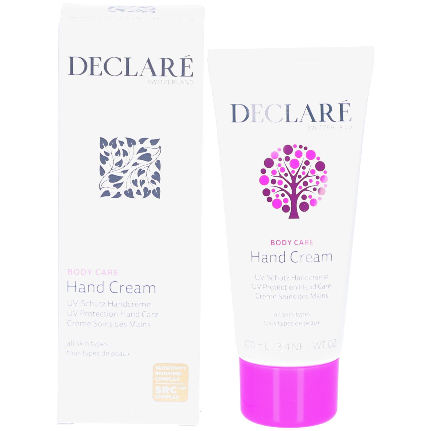 Produktverpackung und Tube. DECLARÉ, Hand Cream, UV-Schutz Handcreme. Mit Zertifizierung.