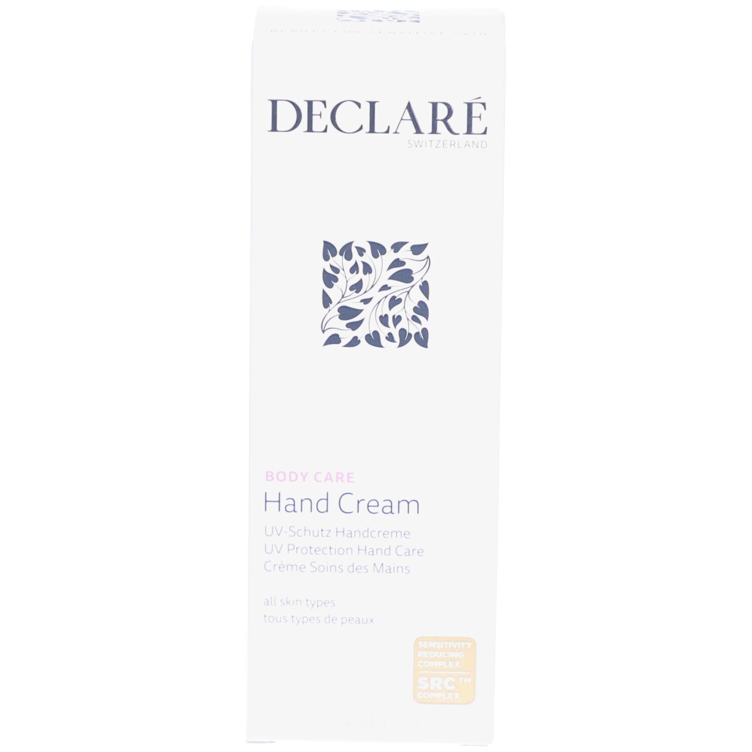 Produktverpackung. DECLARÉ, Hand Cream, UV-Schutz Handcreme. Mit Zertifizierung.