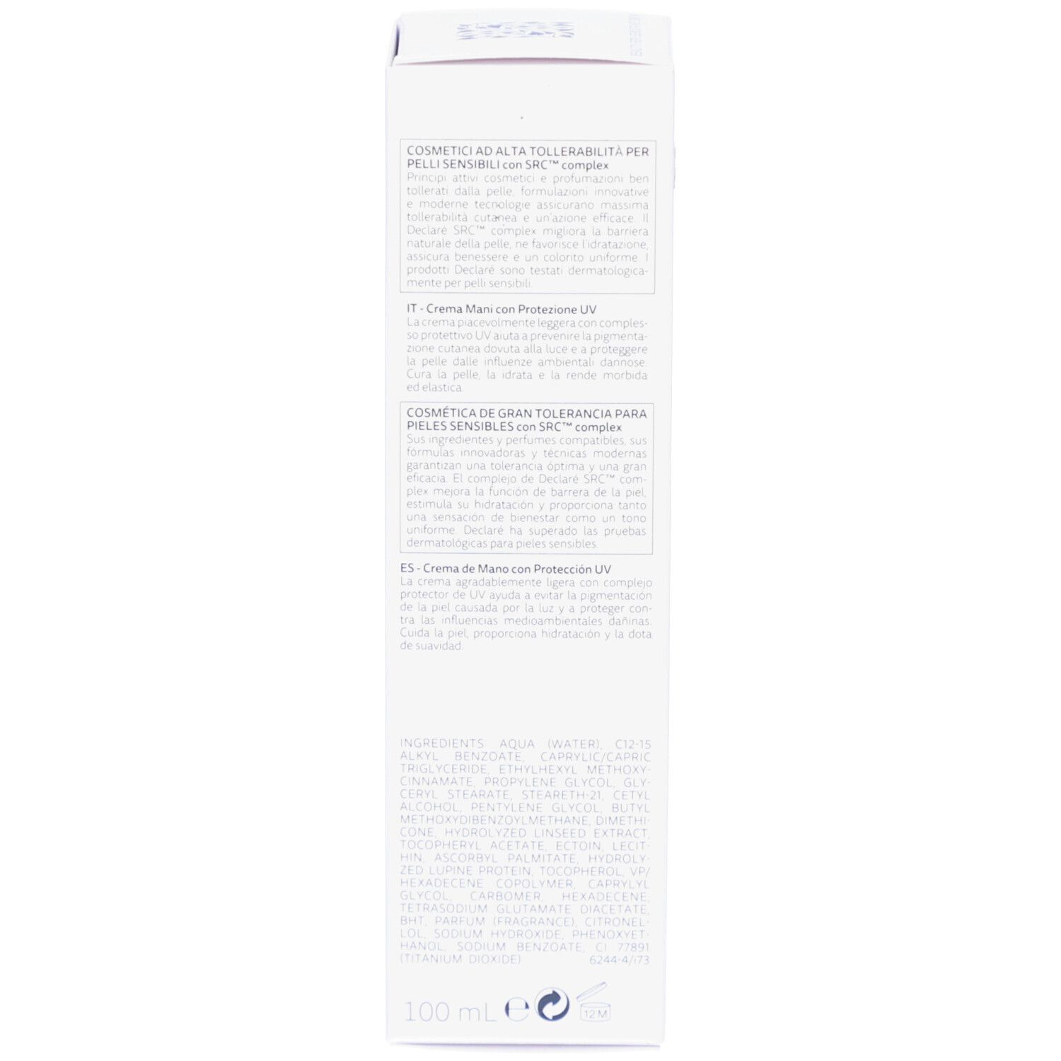 Rückseite der Produktverpackung. Text in Deutsch, Französisch, Italienisch und Spanisch.