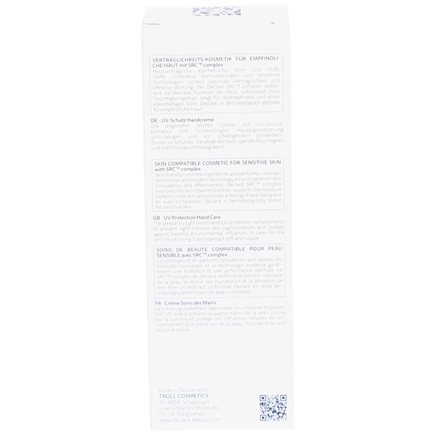 Seite der Produktverpackung. Text in Deutsch, Französisch, Italienisch und Spanisch.