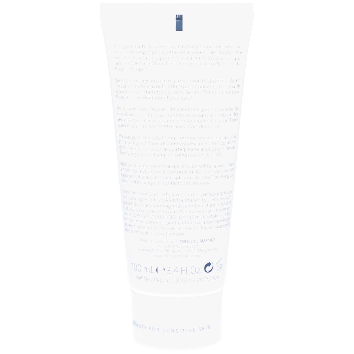 Rückseite einer weißen Tube. Text in verschiedenen Sprachen. 100ml. Für empfindliche Haut.