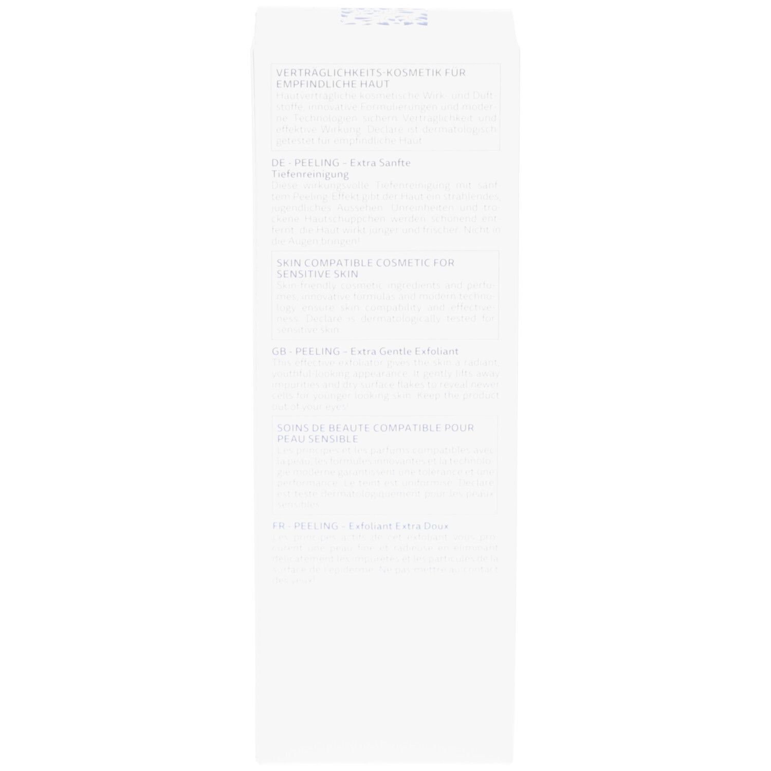 Rückseite einer weißen Schachtel. Text in verschiedenen Sprachen. DECLARÉ-Logo. Für empfindliche Haut.