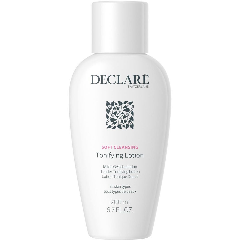 Weiße Flasche DECLARÉ Toning Lotion. Aufschrift: Soft Cleansing, Toning Lotion. 200ml. Für alle Hauttypen.