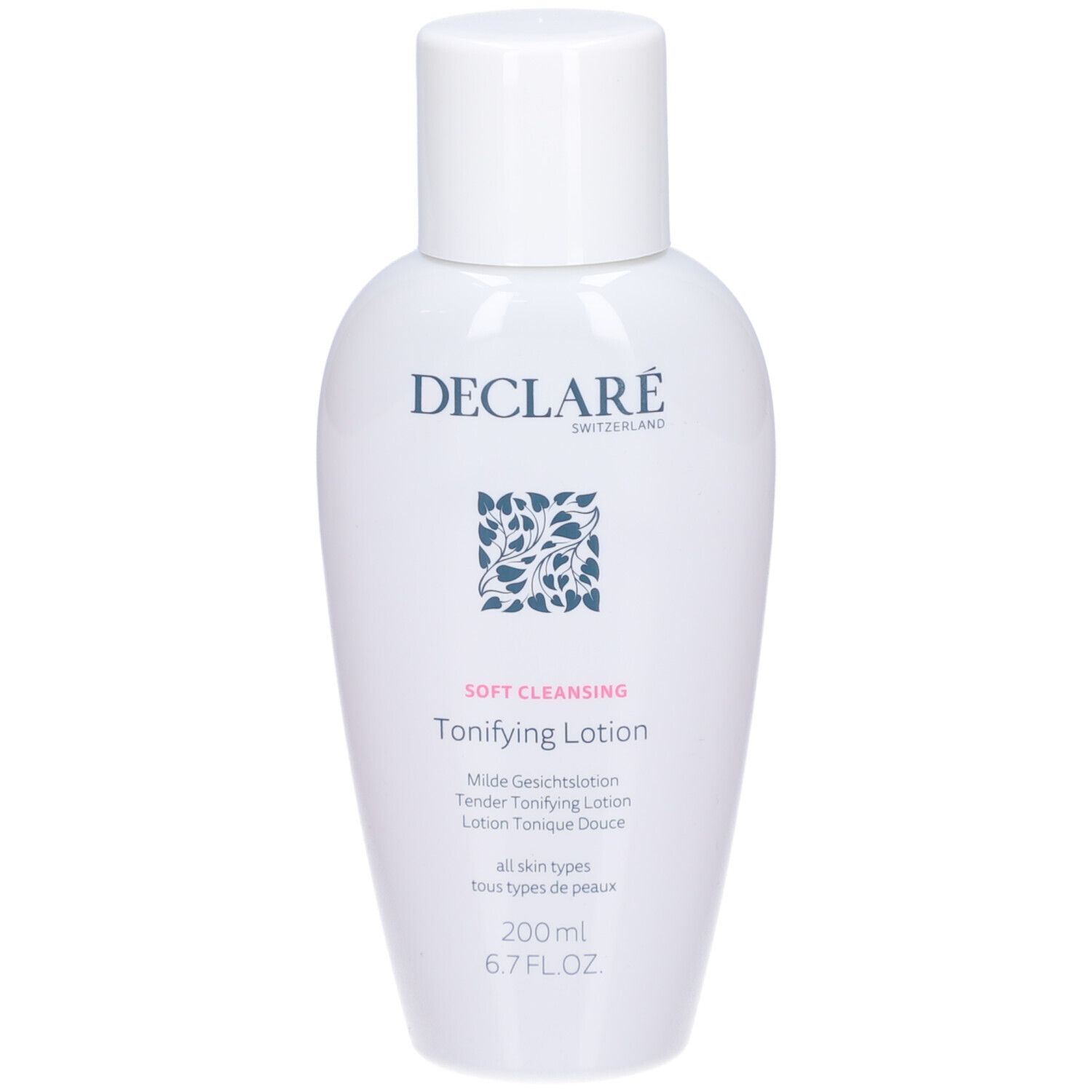 Weiße Flasche DECLARÉ Toning Lotion. Aufschrift: Soft Cleansing, Toning Lotion. 400ml. Für alle Hauttypen.