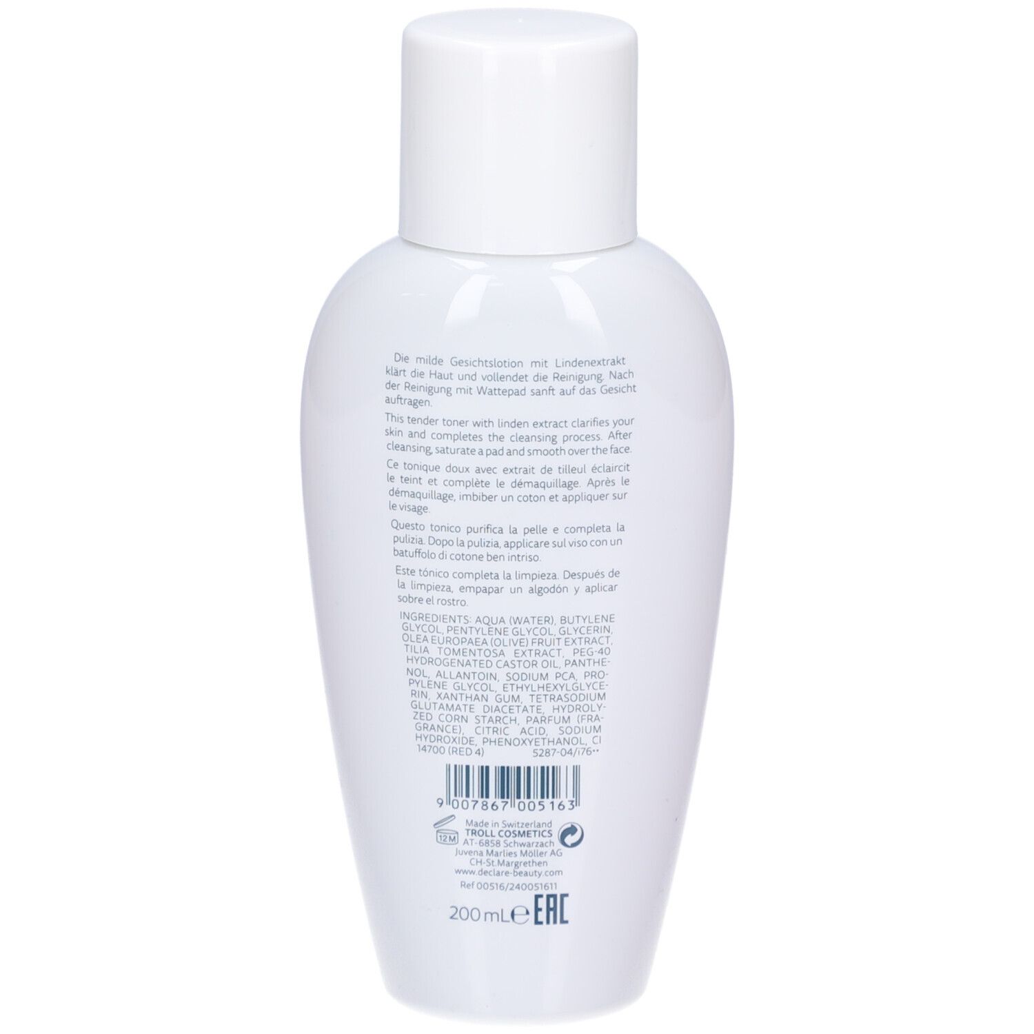 Weiße Flasche DECLARÉ Toning Lotion. Aufschrift: Soft Cleansing, Toning Lotion. 400ml. Für alle Hauttypen.