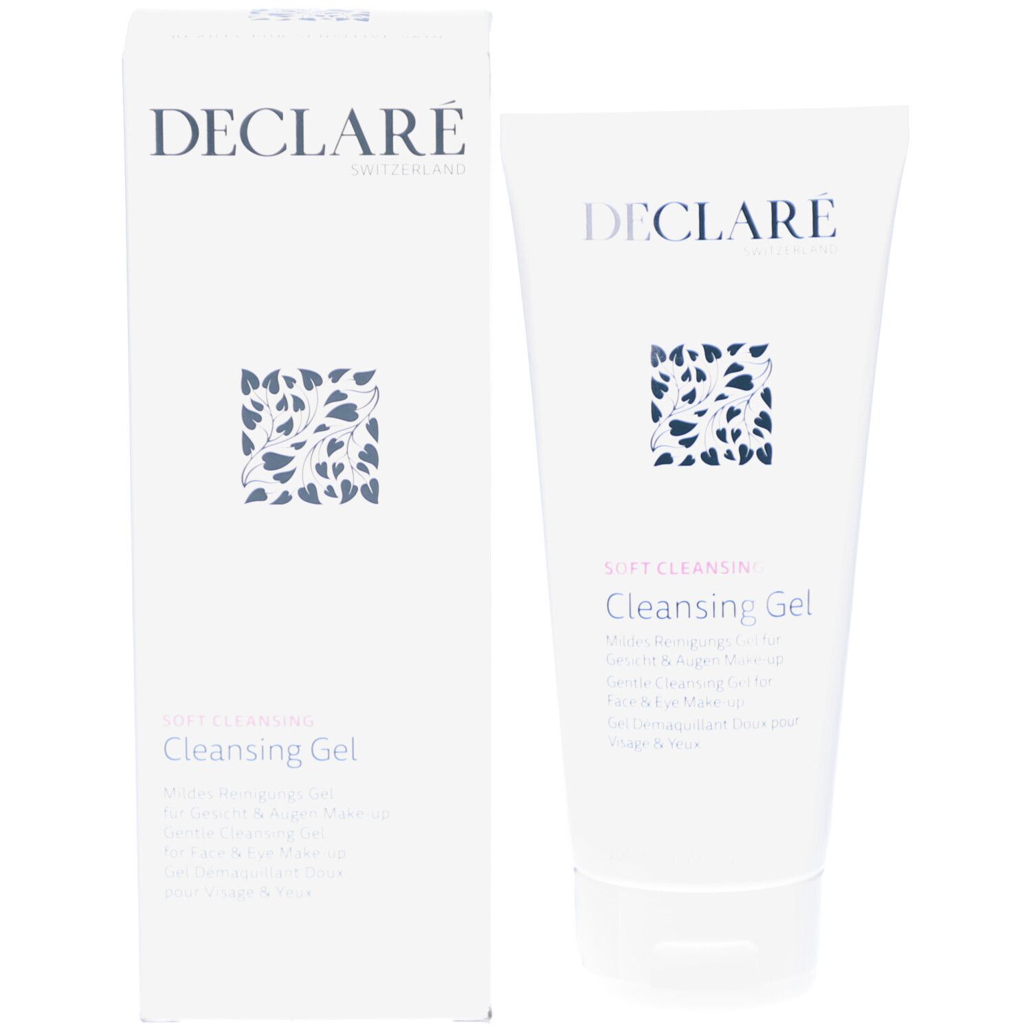 Weiße Tube DECLARÉ Cleansing Gel und Verpackung. Text: Soft Cleansing, Cleansing Gel.