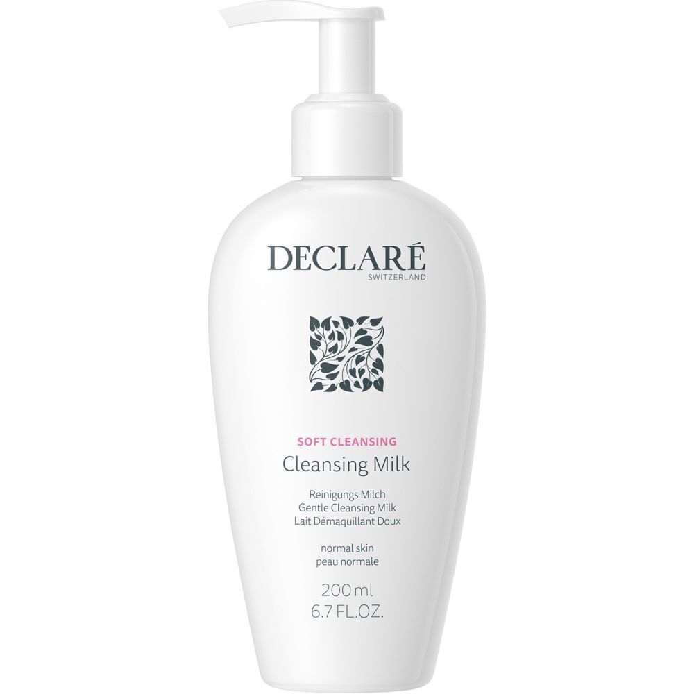 Weiße Flasche mit Pumpverschluss. Aufschrift: DECLARÉ SWITZERLAND, Soft Cleansing, Cleansing Milk. 200ml.