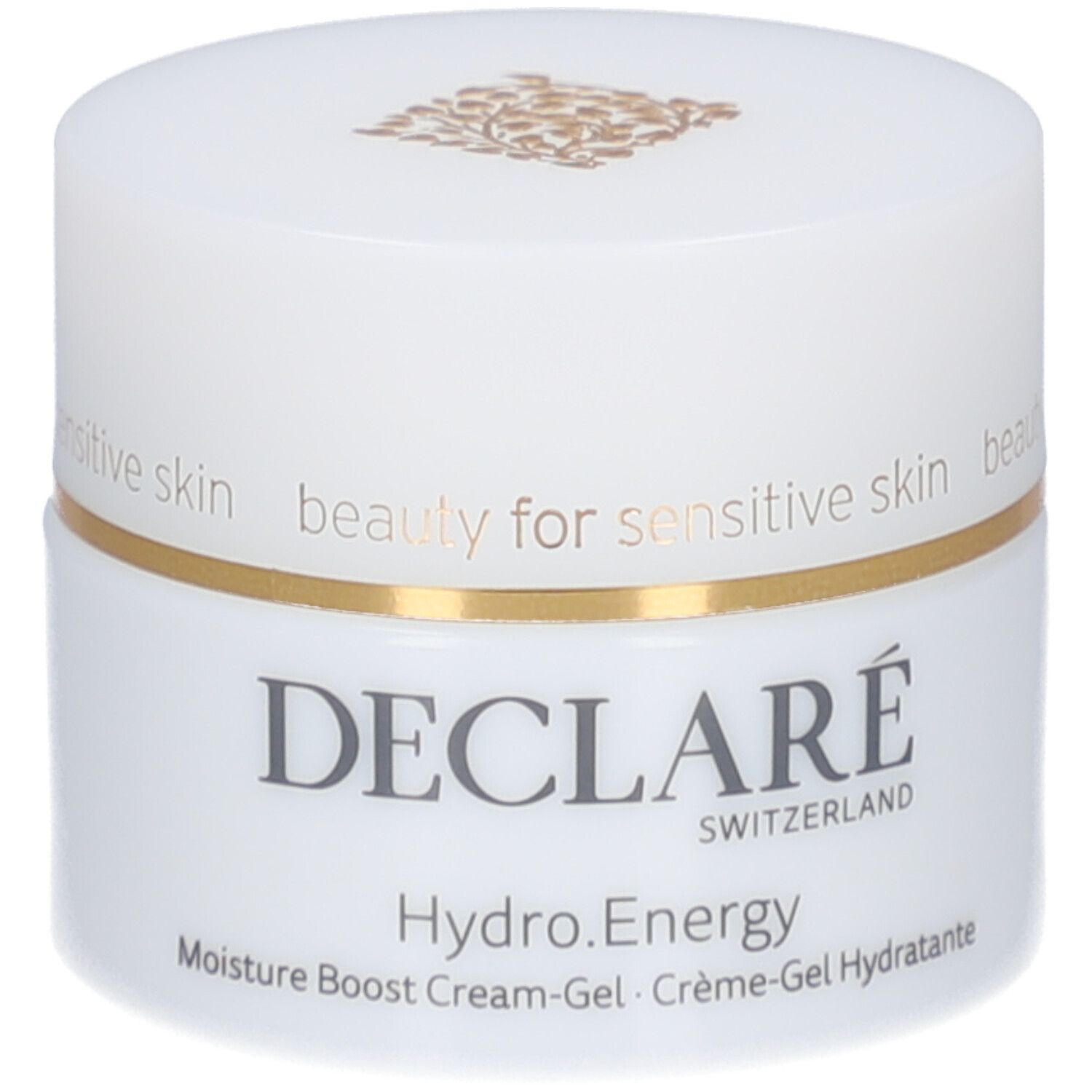 Weißes Creme-Gel-Gefäß mit goldfarbenem Rand. Aufschrift: DECLARÉ, Hydro.Energy, Moisture Boost Cream-Gel.