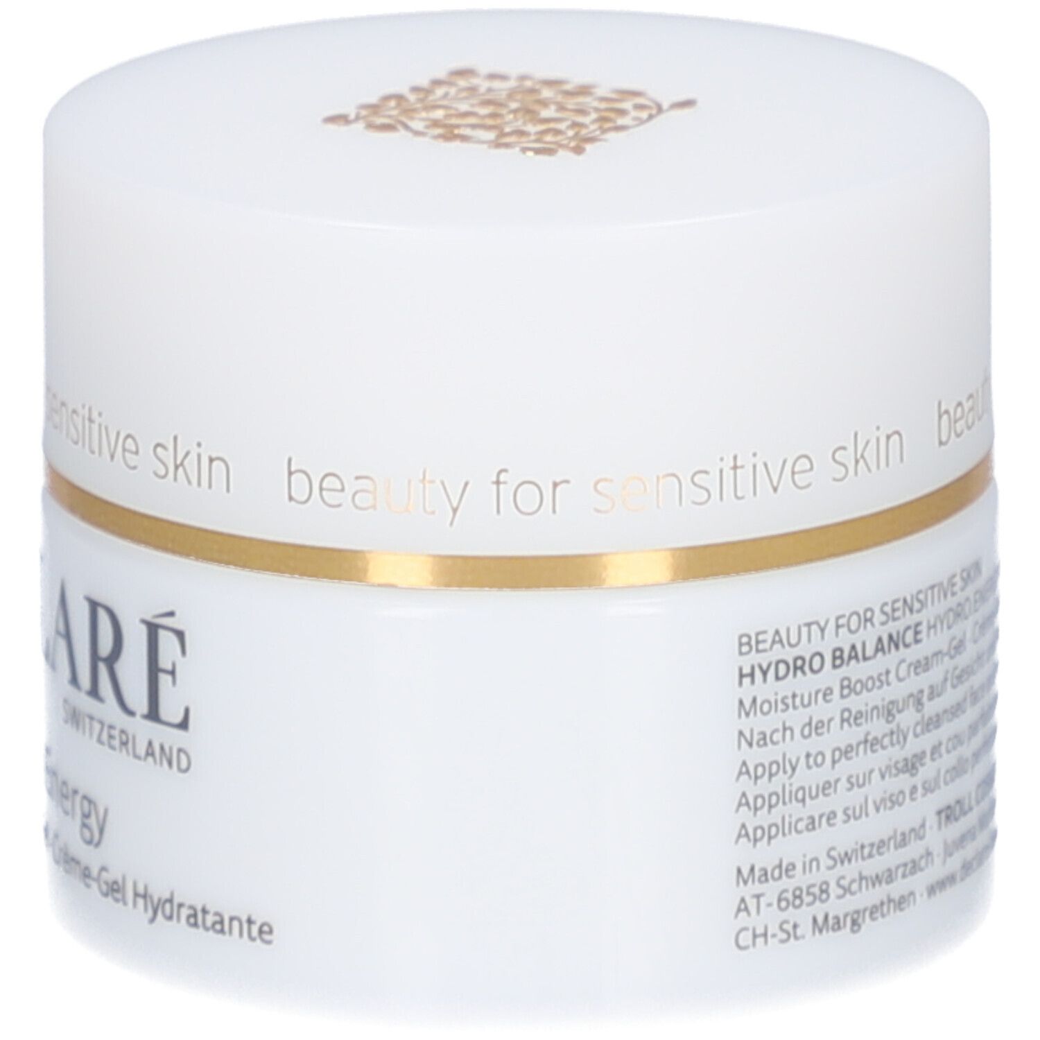 Weißes Creme-Gel-Gefäß mit goldfarbenem Rand. Aufschrift: DECLARÉ. Text auf dem Gefäß.