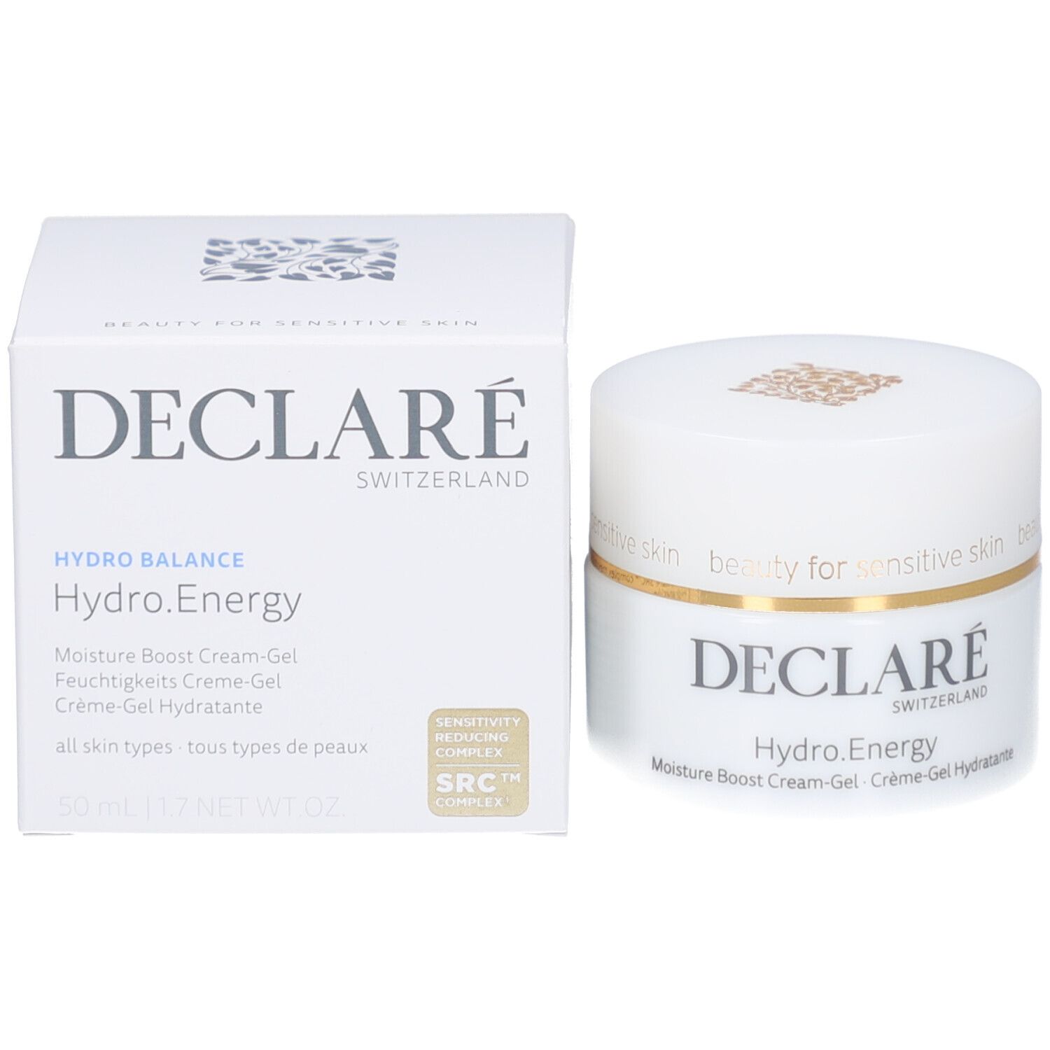 Produktverpackung und Creme-Gel-Gefäß. Aufschrift: DECLARÉ, Hydro.Energy, Moisture Boost Cream-Gel. Box und Tiegel.
