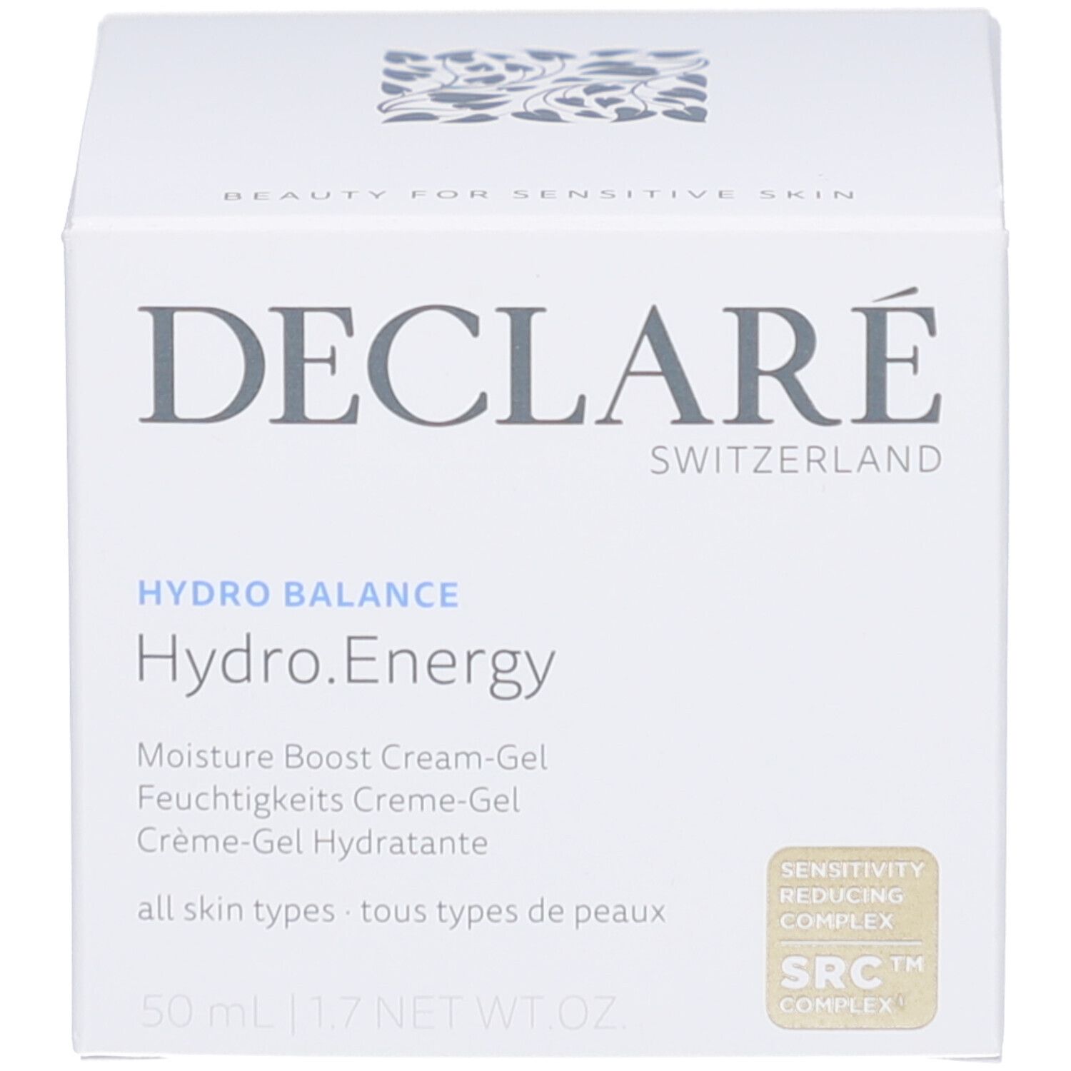 Weiße Produktverpackung. Aufschrift: DECLARÉ, Hydro.Energy, Moisture Boost Cream-Gel. Text und Logos.