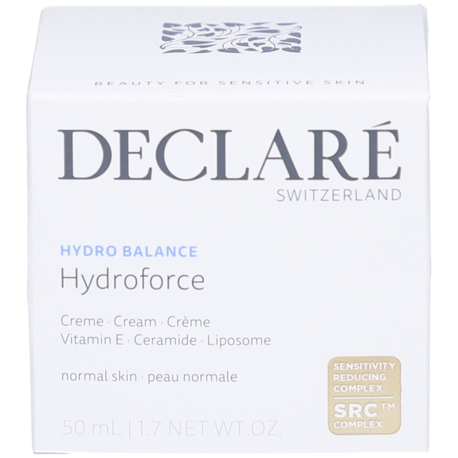 Weiße Kartonverpackung. Aufschrift: DECLARÉ, Hydro Balance, Hydroforce Creme, 50 ml, SRC Complex.