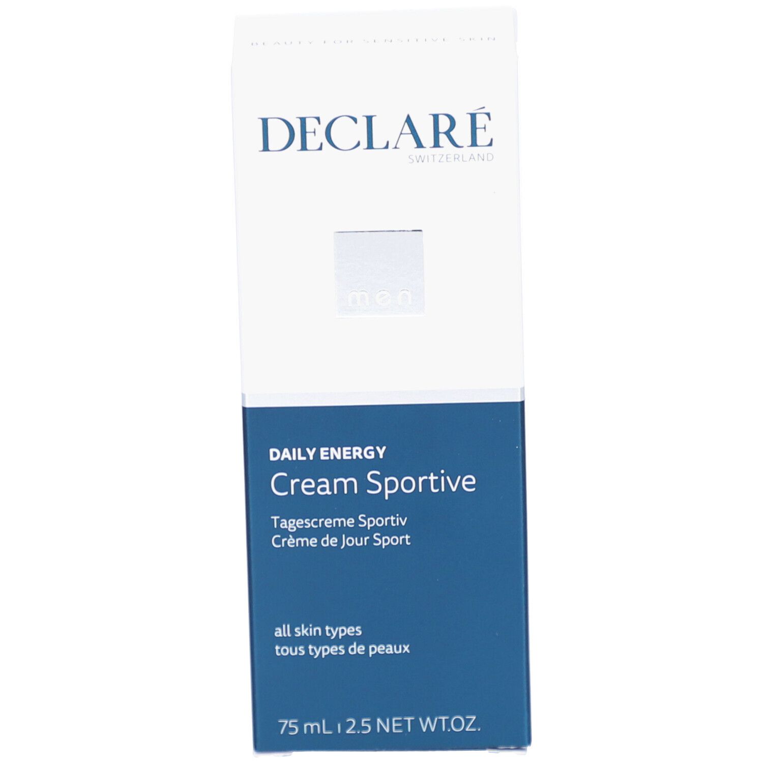 Weiße Schachtel mit blauer Oberseite. Aufschrift: DECLARÉ, Daily Energy Cream Sportive. Für alle Hauttypen. 75ml.