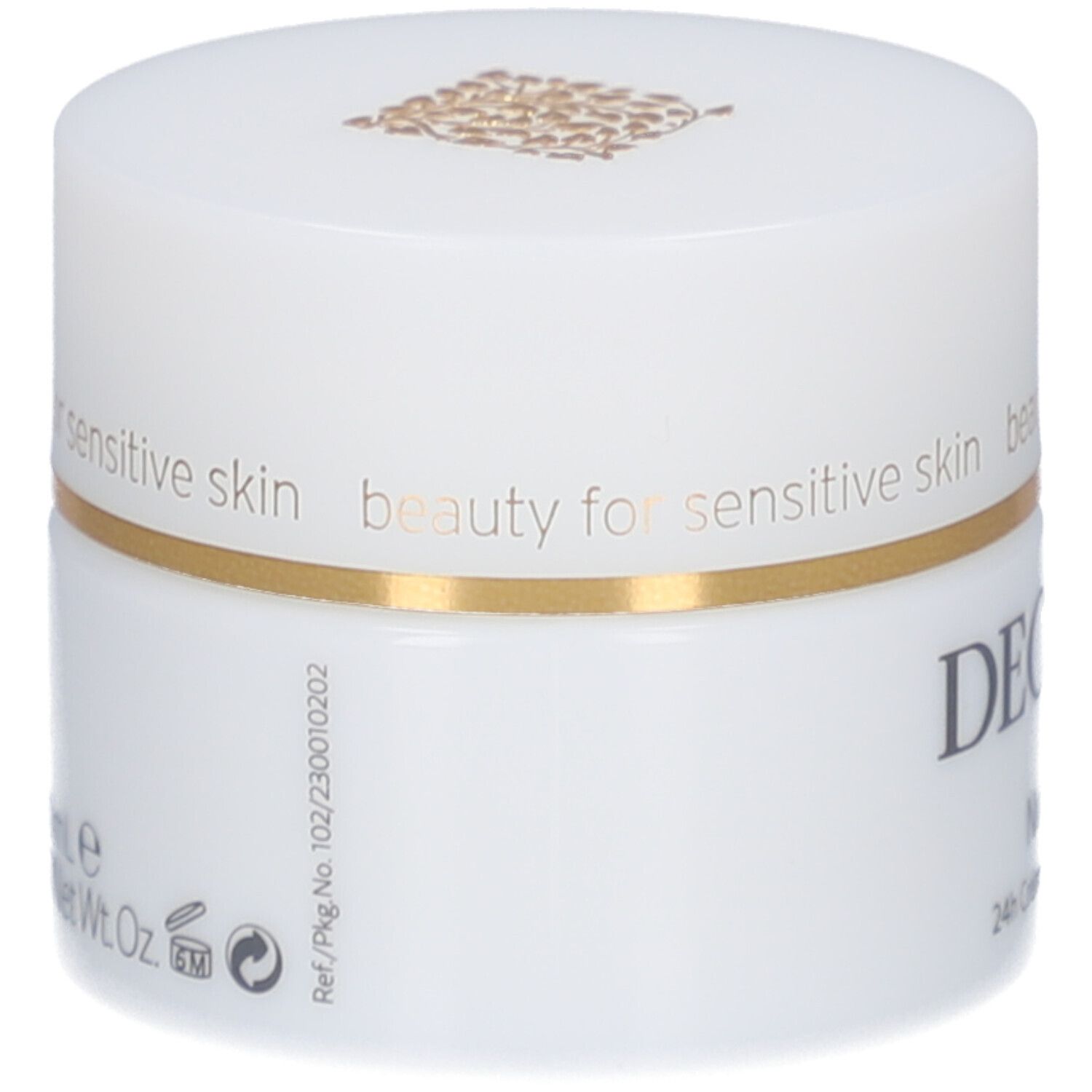 Weißer Creme-Tiegel mit goldfarbenem Deckel. DECLARÉ Nutrivital. Text: beauty for sensitive skin.