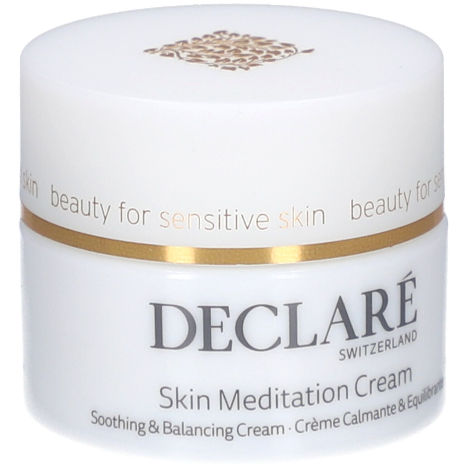 Weißer Creme-Tiegel mit goldenem Rand. Aufschrift: DECLARÉ SWITZERLAND, Skin Meditation Cream. Beruhigende & ausgleichende Creme.