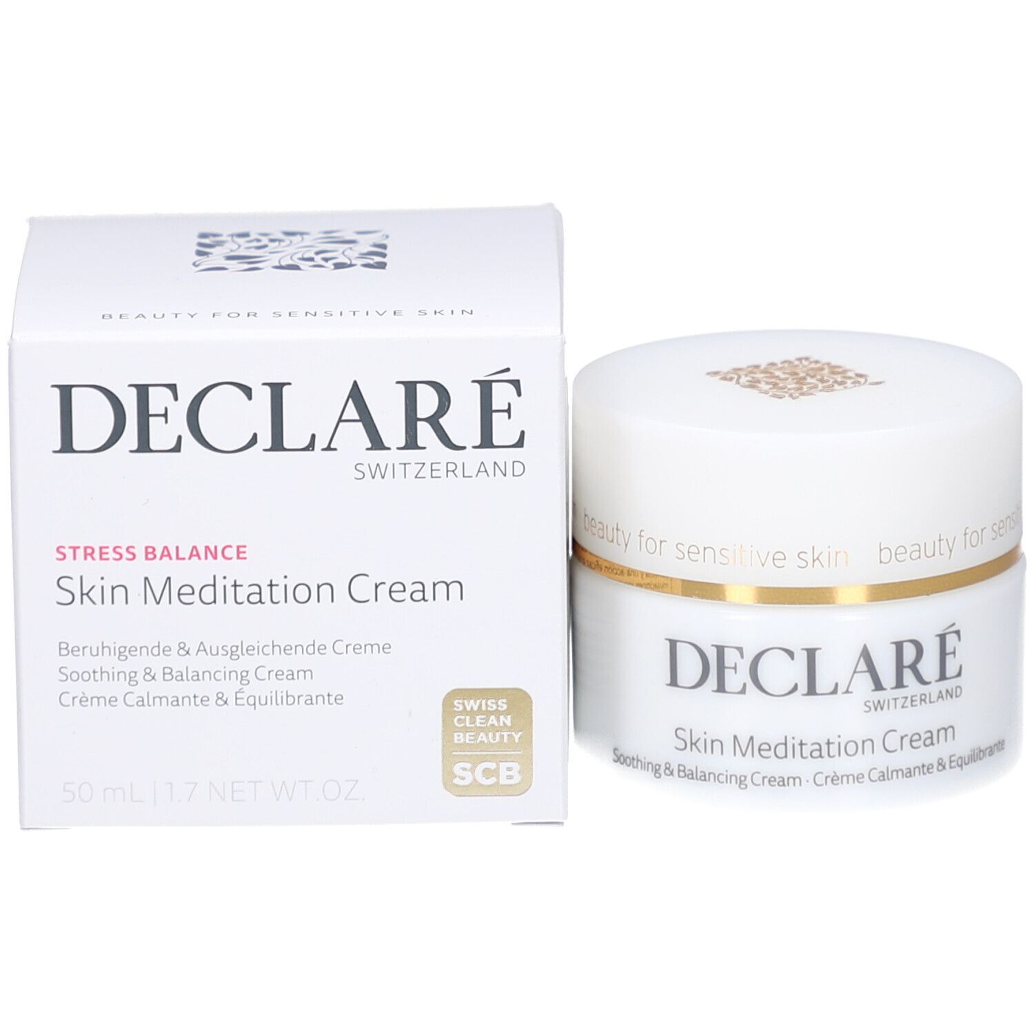 Creme-Tiegel und Verpackung. Aufschrift: DECLARÉ SWITZERLAND, Skin Meditation Cream. Swiss Clean Beauty.