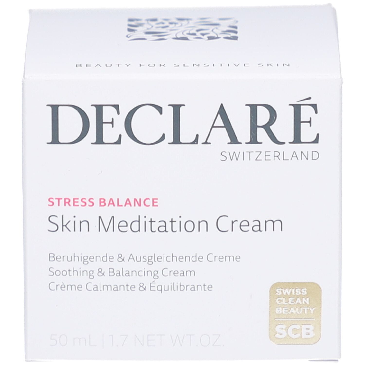 Verpackung. Aufschrift: DECLARÉ SWITZERLAND, Skin Meditation Cream. Swiss Clean Beauty.