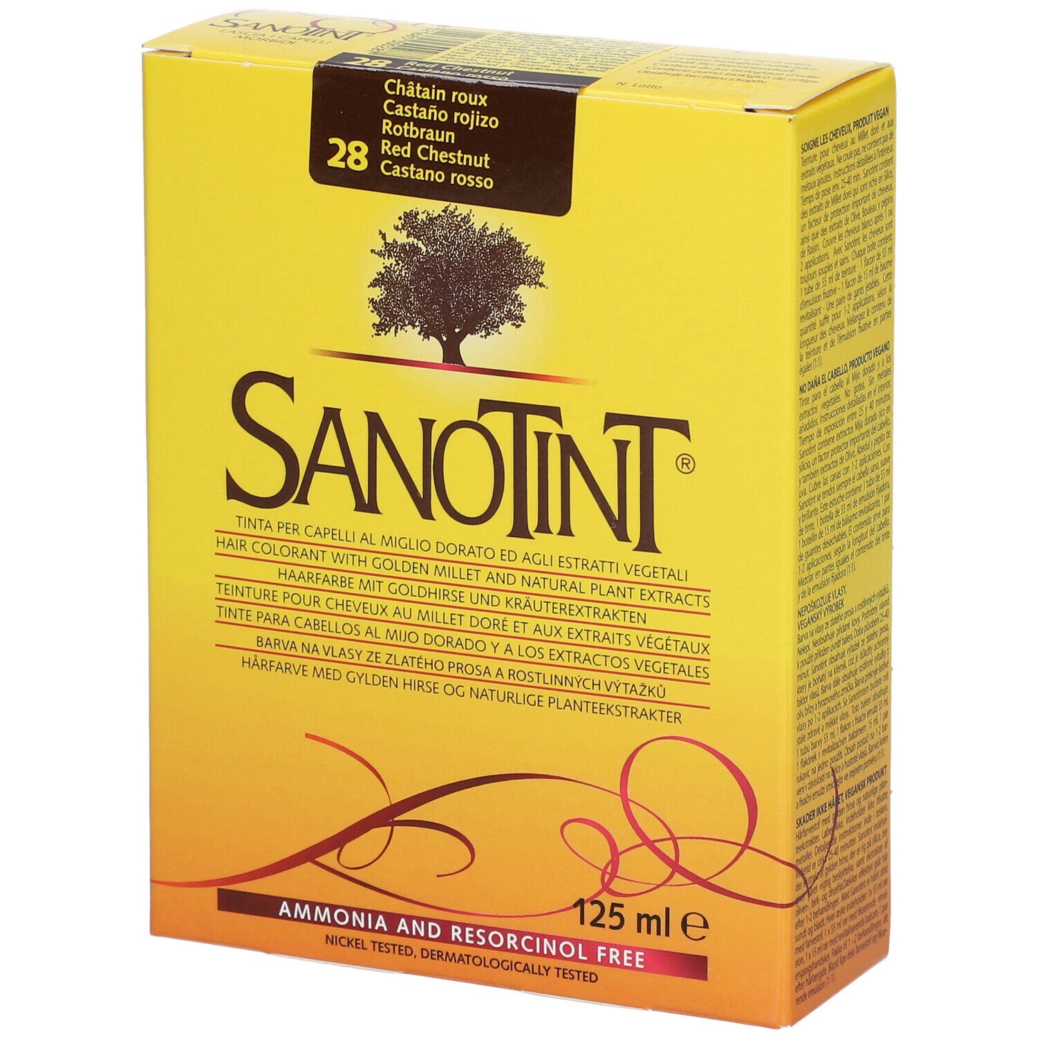 Gelbe Schachtel mit SANOTINT-Logo, Nr. 28 Rotbraun. Enthält 125 ml. Aufdrucke in mehreren Sprachen. Frei von Ammoniak und Resorcin.