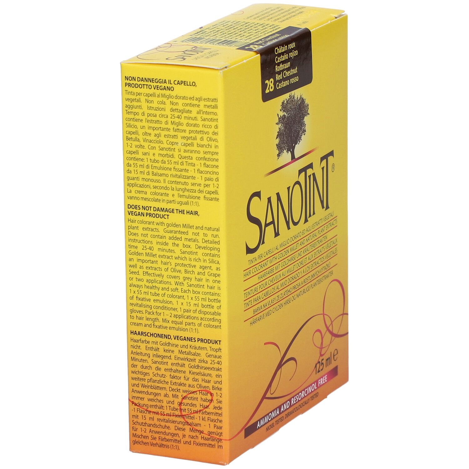 Gelbe Schachtel, SANOTINT, Nr. 28 Rotbraun. Enthält 125 ml. Text in mehreren Sprachen. Vegan. Frei von Ammoniak und Resorcin.