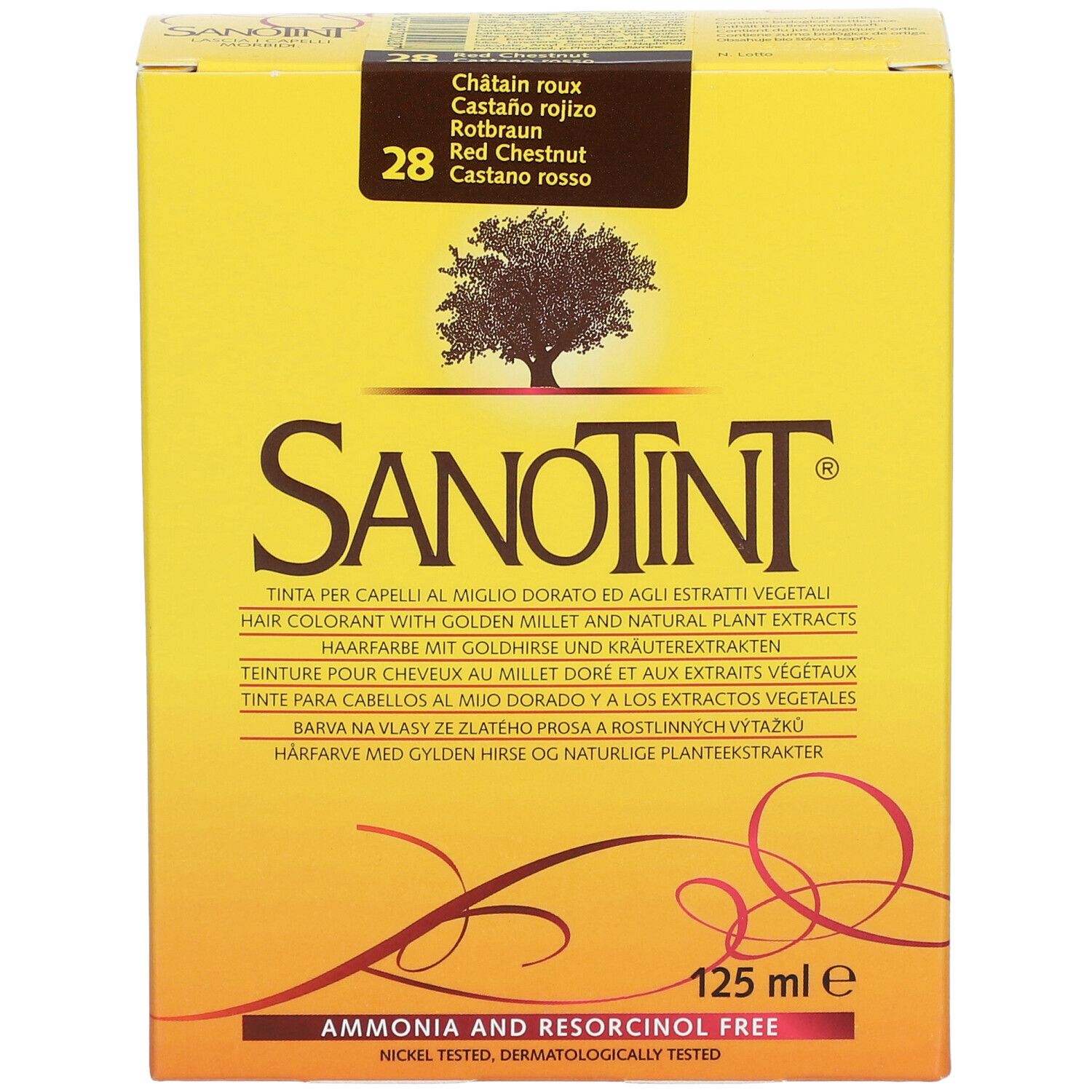 Gelbe Schachtel, SANOTINT, Nr. 28 Rotbraun. Enthält 125 ml. Text in mehreren Sprachen. Frei von Ammoniak und Resorcin.