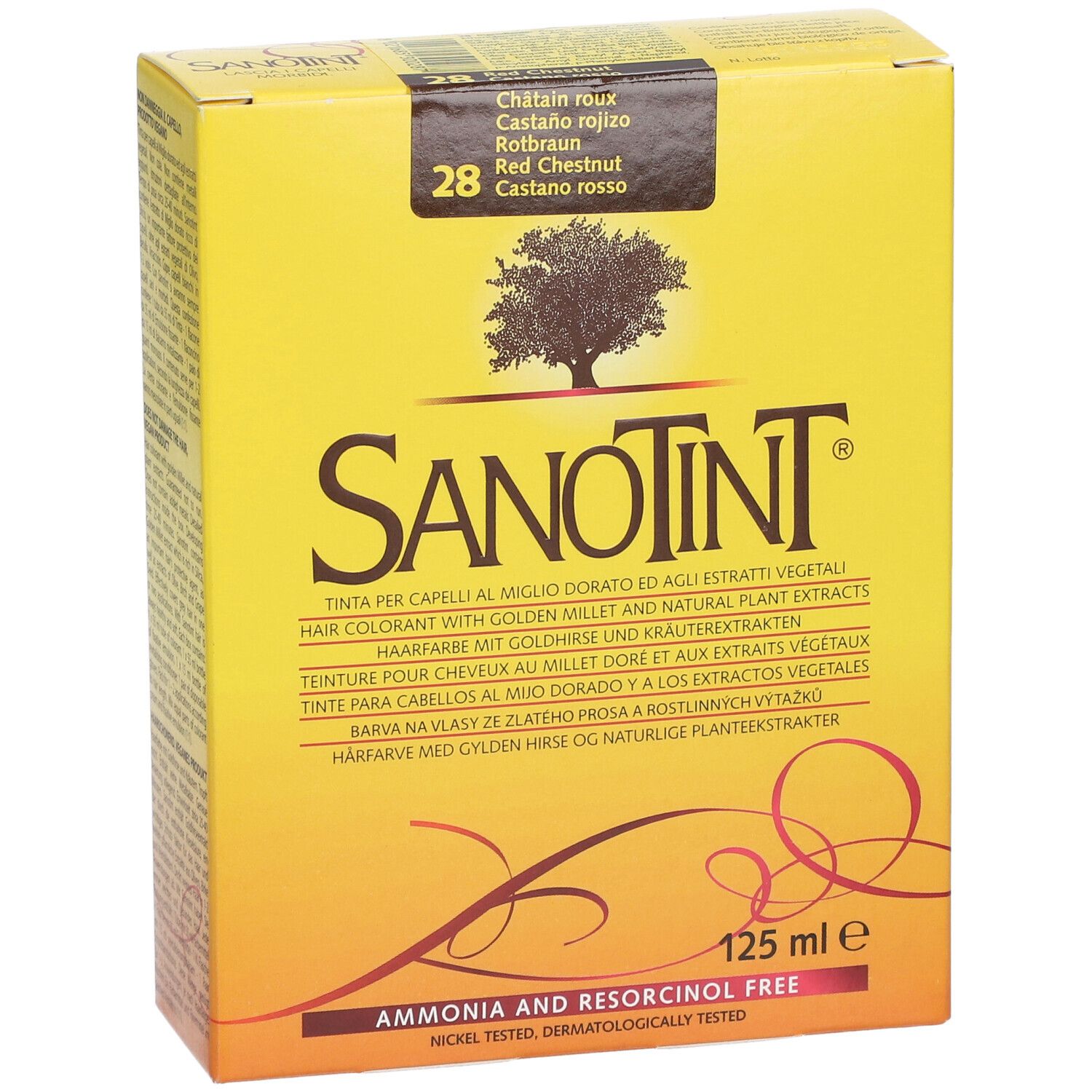 Gelbe Schachtel, SANOTINT, Nr. 28 Rotbraun. Enthält 125 ml. Text in mehreren Sprachen. Frei von Ammoniak und Resorcin.