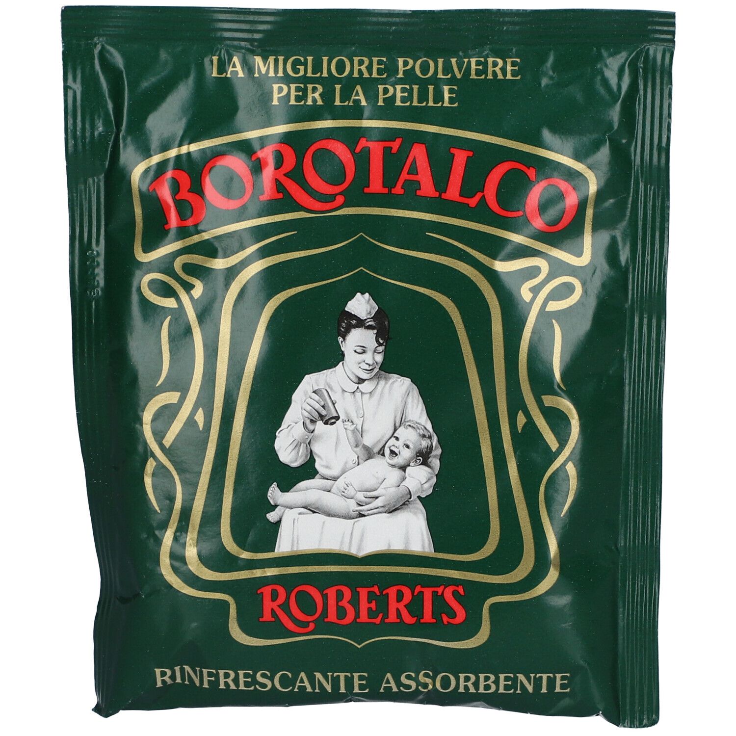 Grüner Beutel mit Borotalco-Logo und Abbildung einer Krankenschwester, die ein Baby pflegt. Text: Rinfrascante Assorbente.