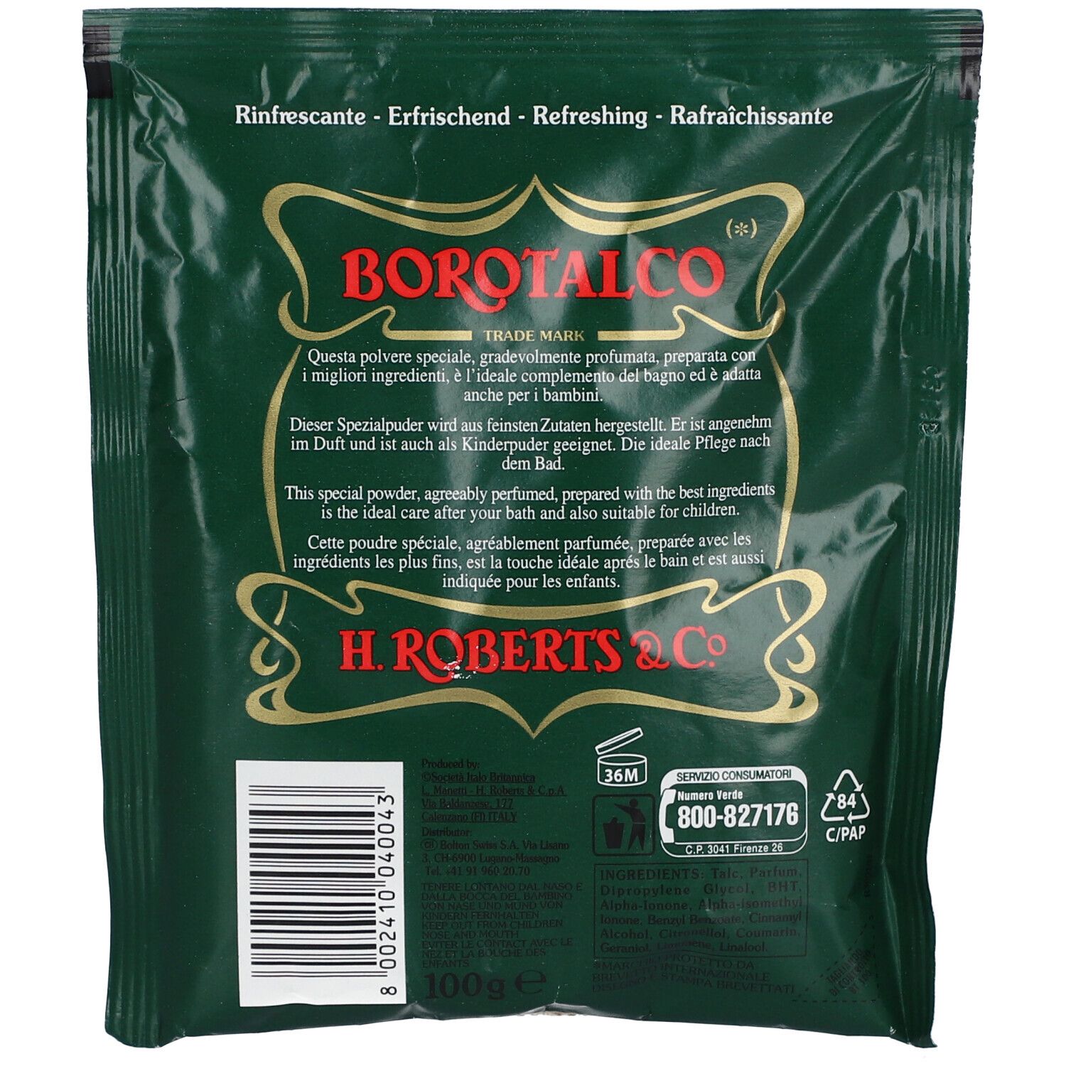 Rückseite eines grünen Borotalco-Beutels. Text: Rinfrascante - Erfrischend - Refreshing - Rafraîchissante. Enthält Text und Logos.