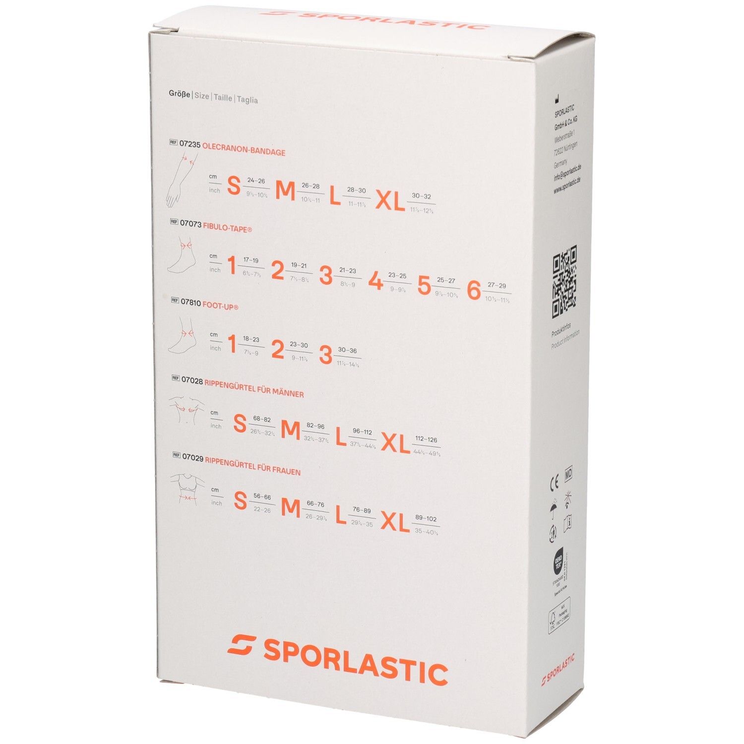 Sporlastic Verpackung mit Größenangaben für verschiedene Bandagen und Orthesen.