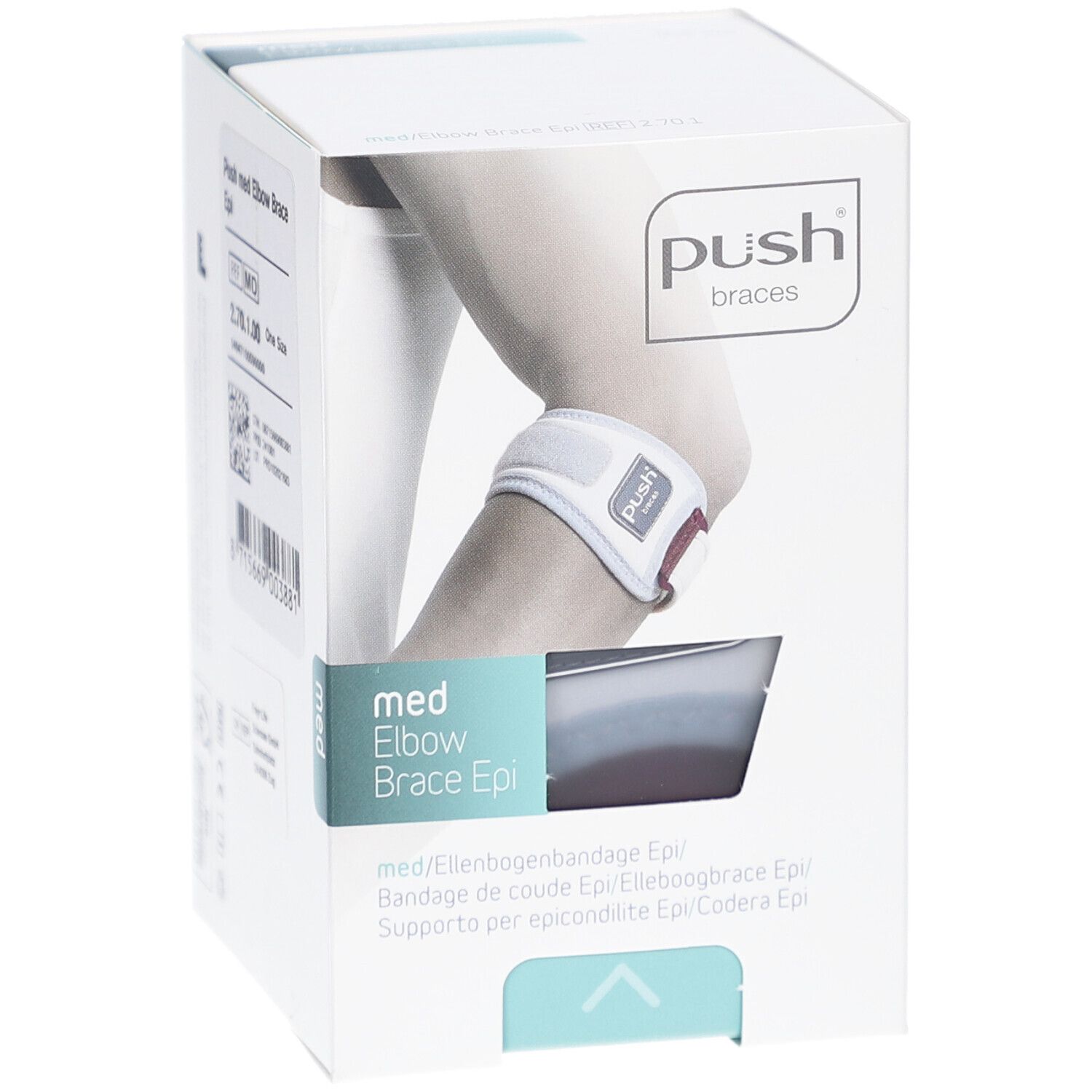 Verpackung der Push med Ellenbogenbandage Epi. Aufdruck: Push braces, med Elbow Brace Epi. Abbildung eines Ellenbogens mit Bandage.
