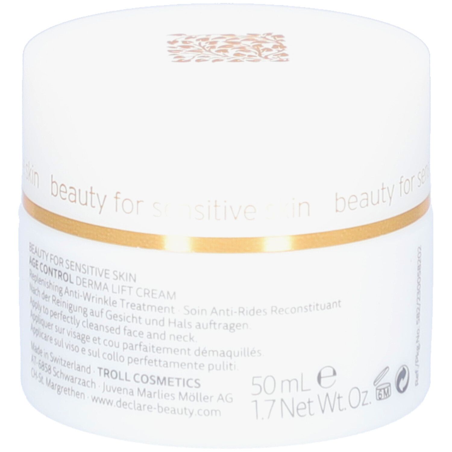 Weißer Tiegel mit goldfarbenem Deckel. Aufschrift: DECLARÉ, Derma Lift Cream. Text: Anti-Falten-Behandlung.