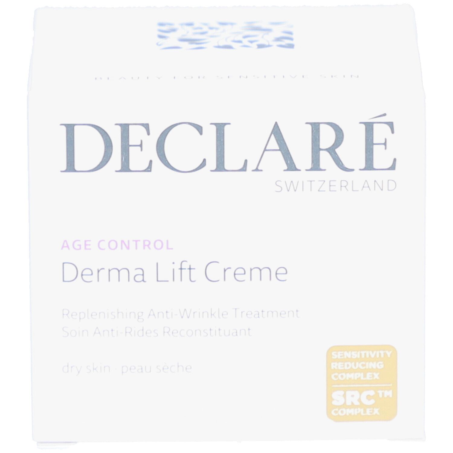 Weiße Verpackung mit Aufschrift: DECLARÉ, AGE CONTROL Derma Lift Creme. Text: Anti-Falten-Behandlung.